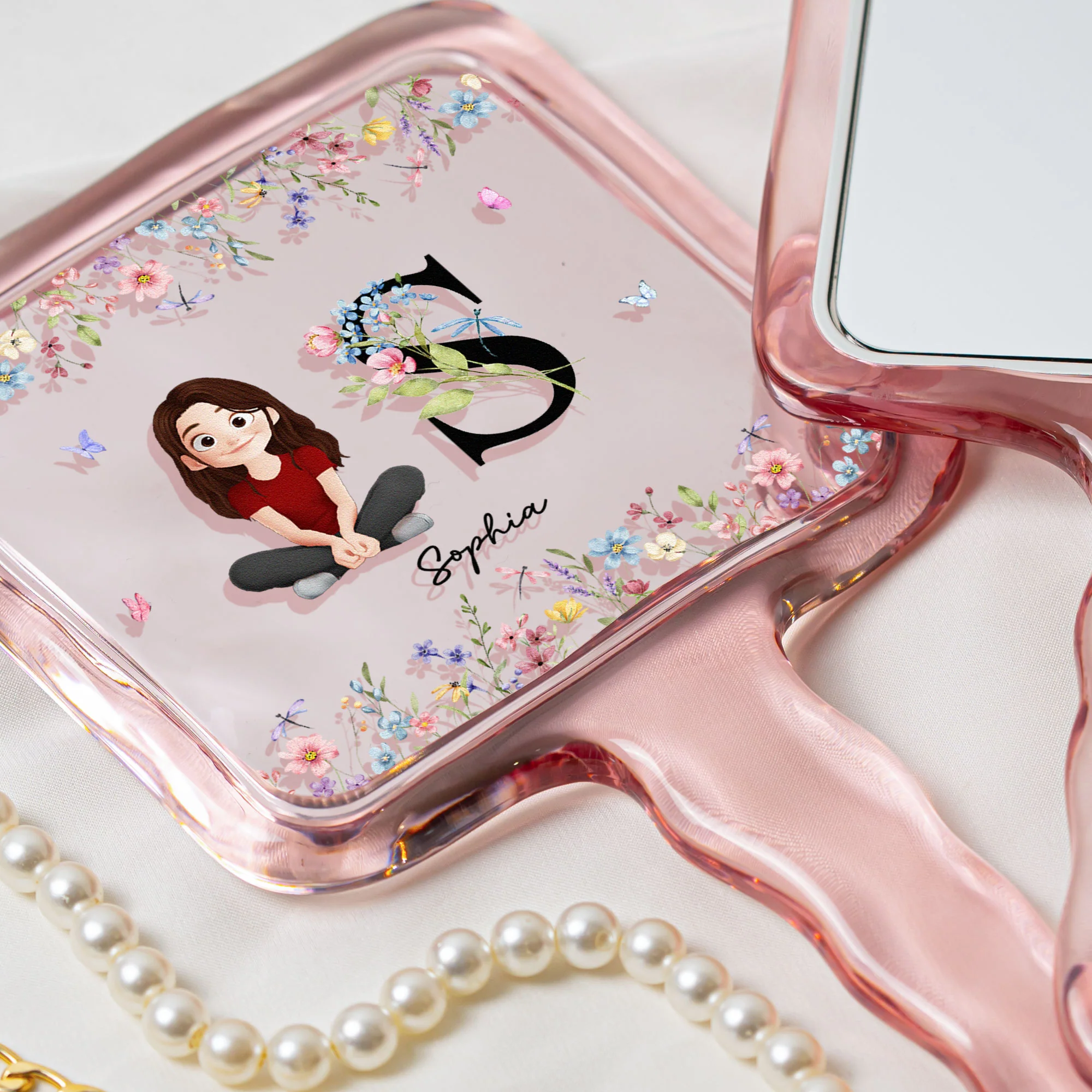 Initial Name With Floral - Personalized Handheld Mirror - Image 4
