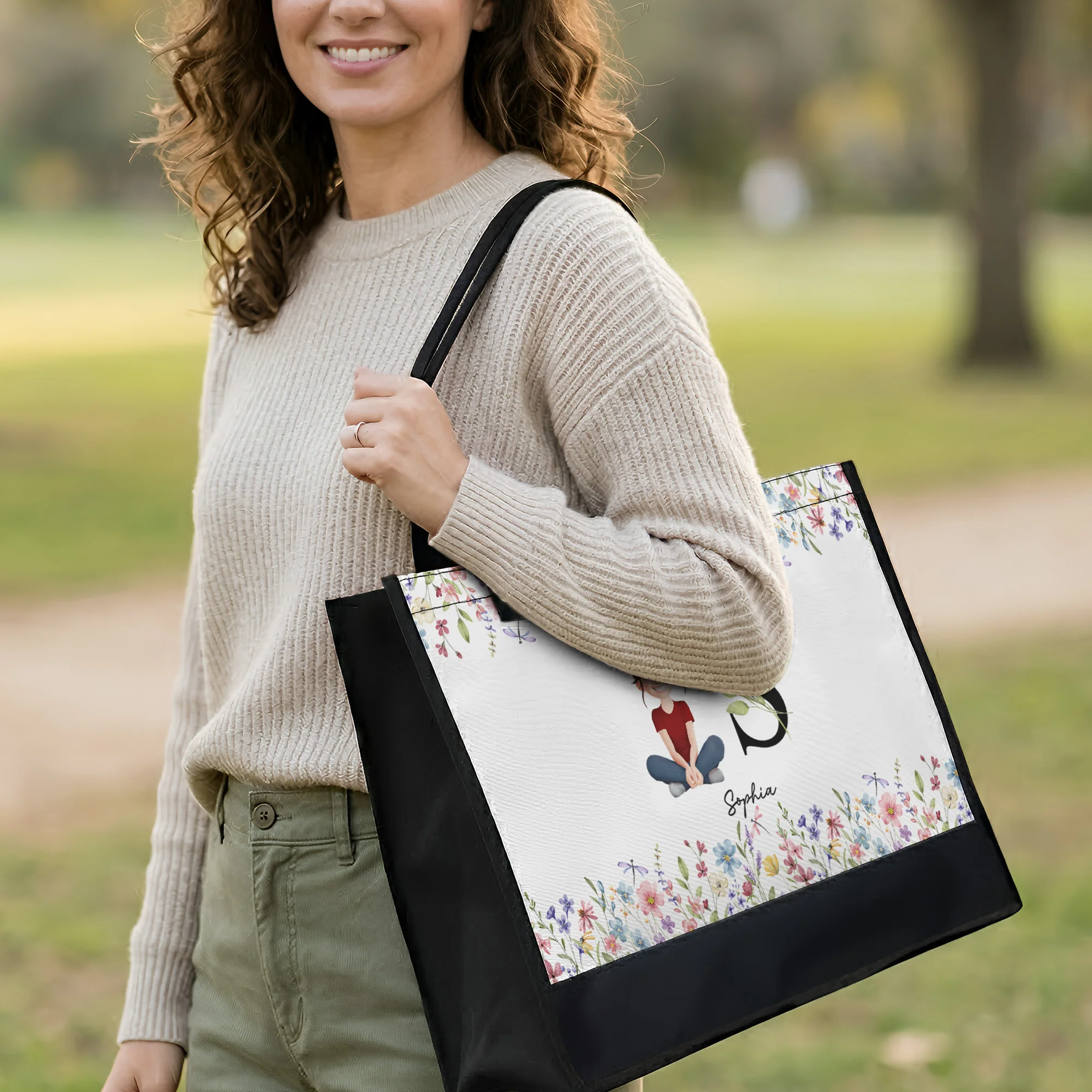 Initial Name With Floral - Personalized Tote Bag - Image 3