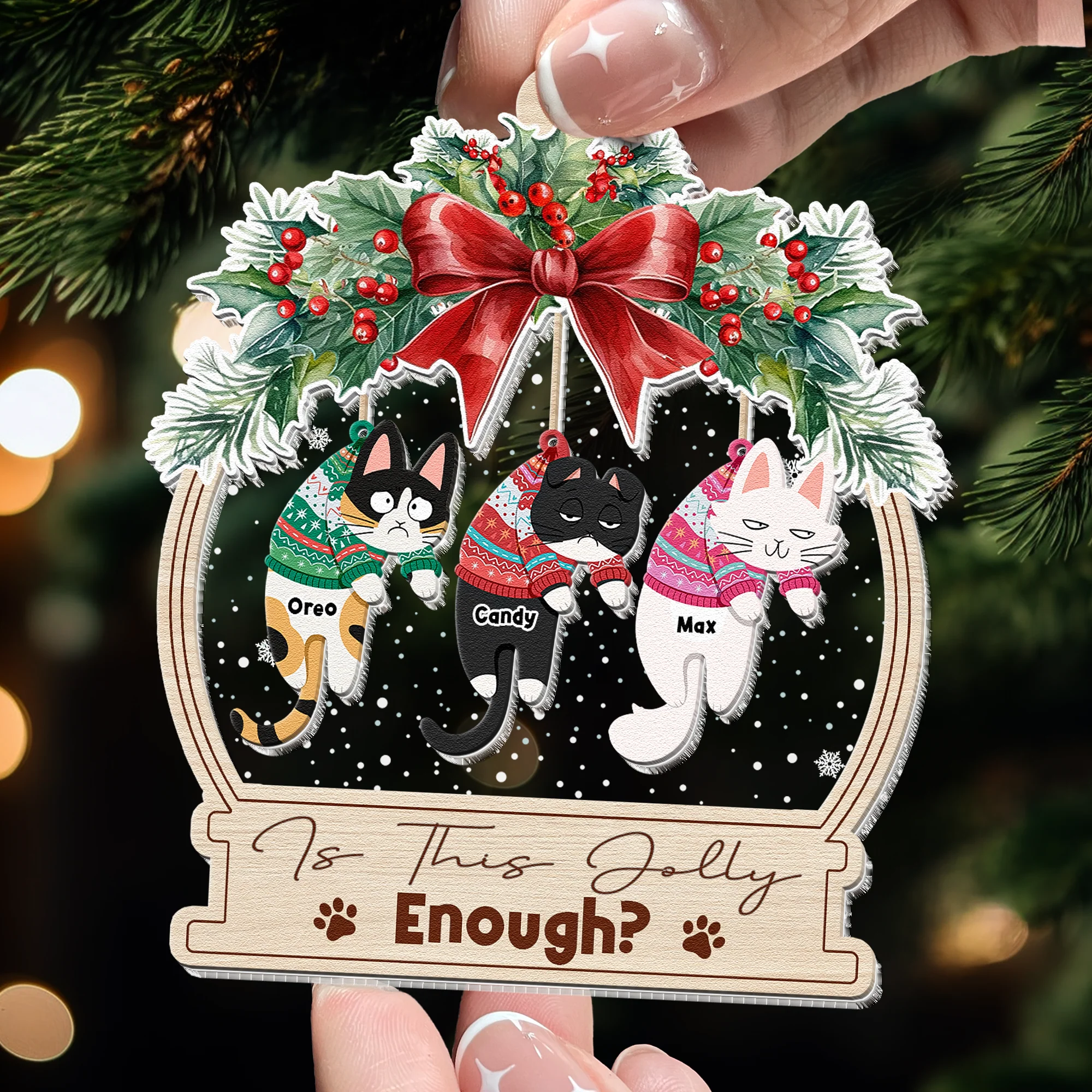 Is This Jolly Enough Funny Hanging Cat - Personalized Wood And Acrylic Ornament - Image 3