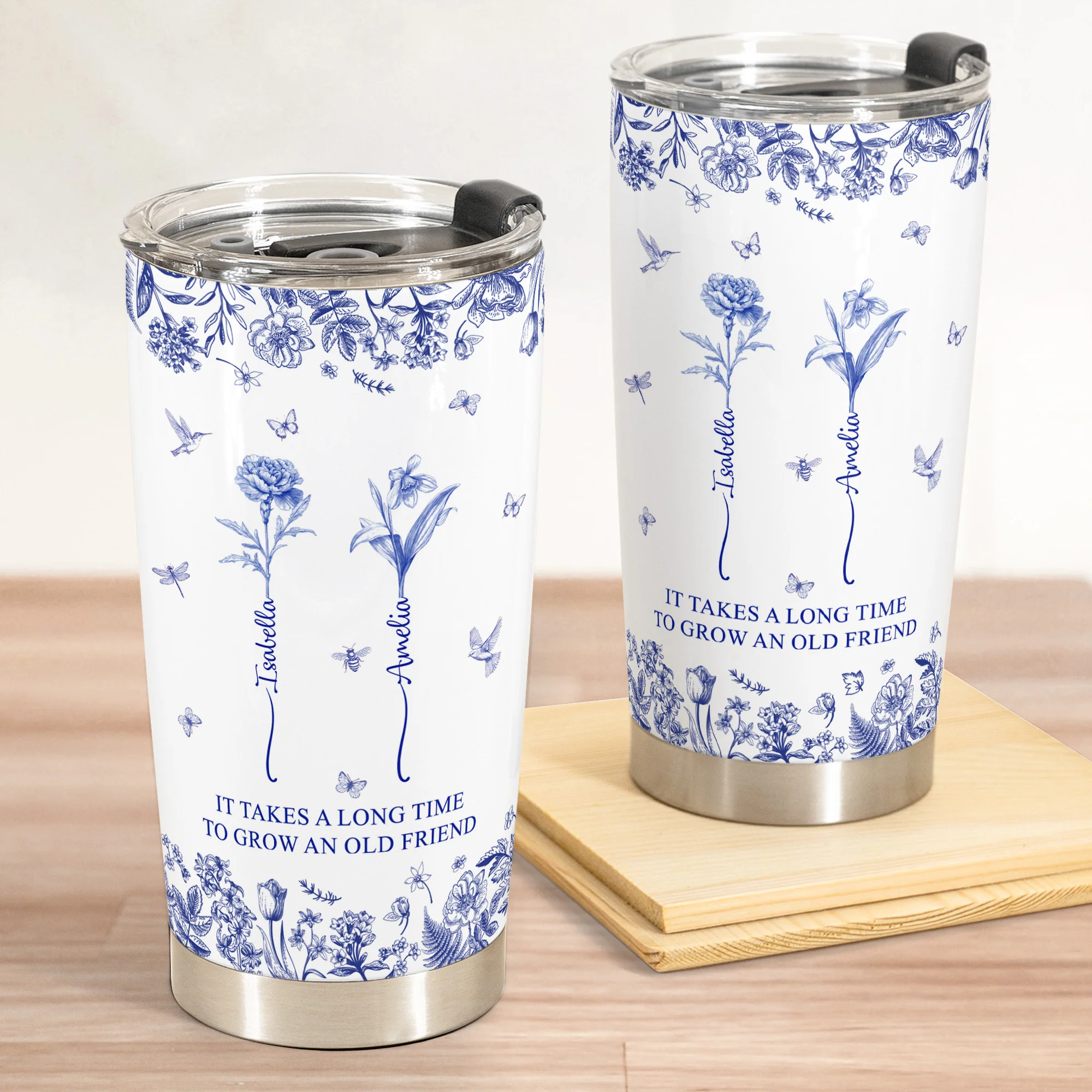 It Takes A Long Time To Grow An Old Friend Custom Birth Flower Toile De Jouy - Personalized Tumbler Cup - Gift For Friend - Image 2