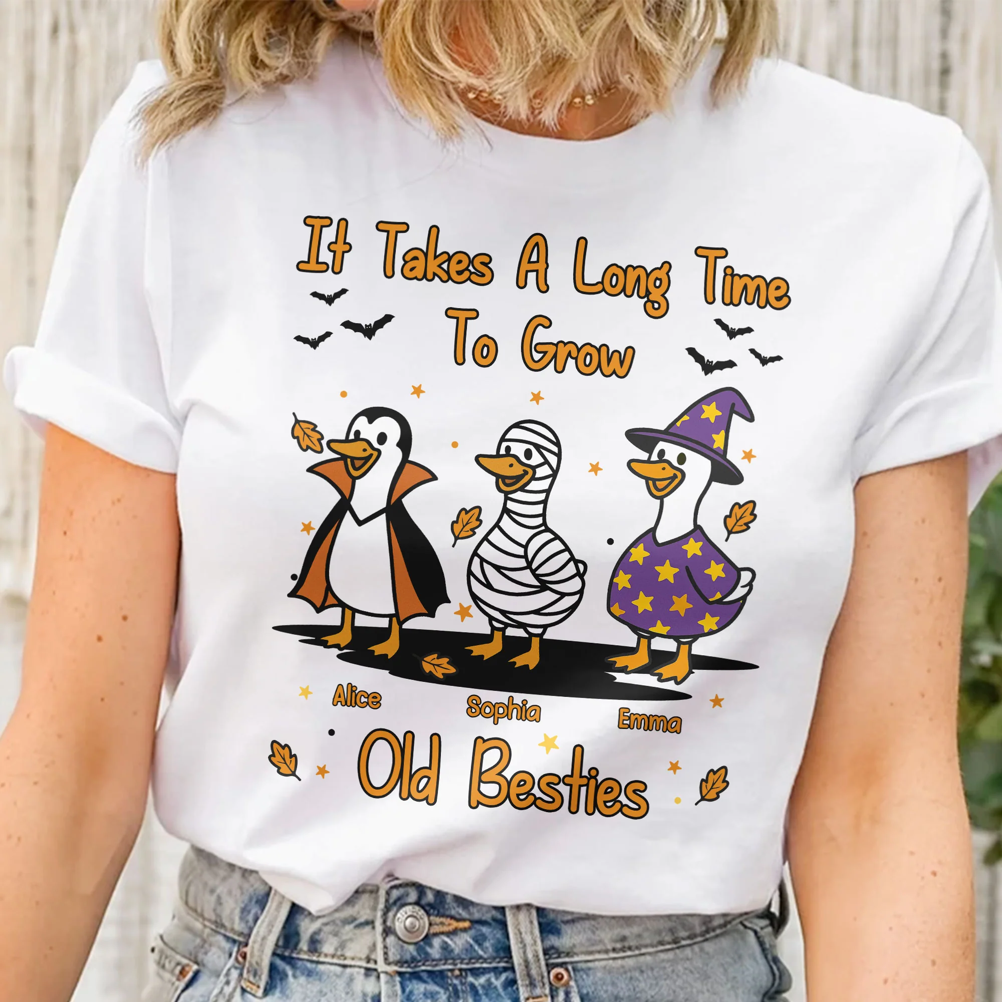 It Takes A Long Time To Grow Old Friends, Besties Halloween Goose - Personalized Shirt - Image 2