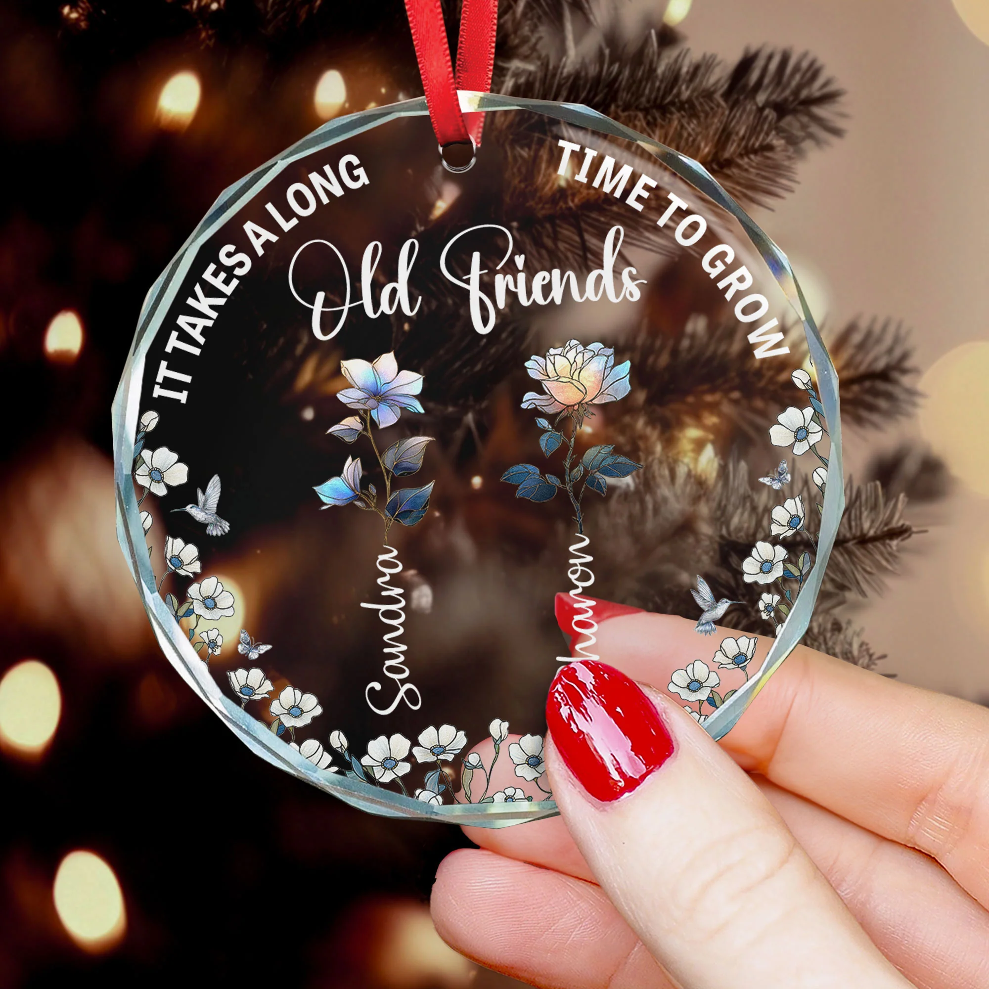 It Takes A Long Time To Grow Old Friends Birth Flowers - Personalized Glass Ornament - Image 3