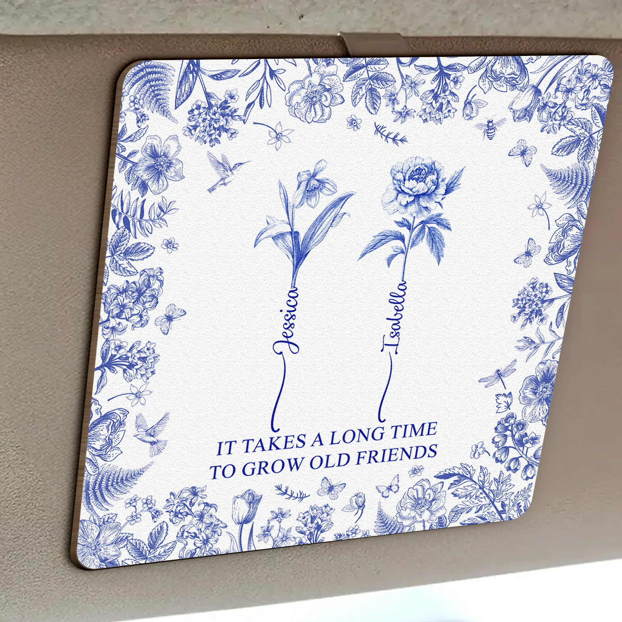 It Takes A Long Time To Grow Old Friends Custom Birth Flower - Personalized Wooden Car Visor Clip - Image 2