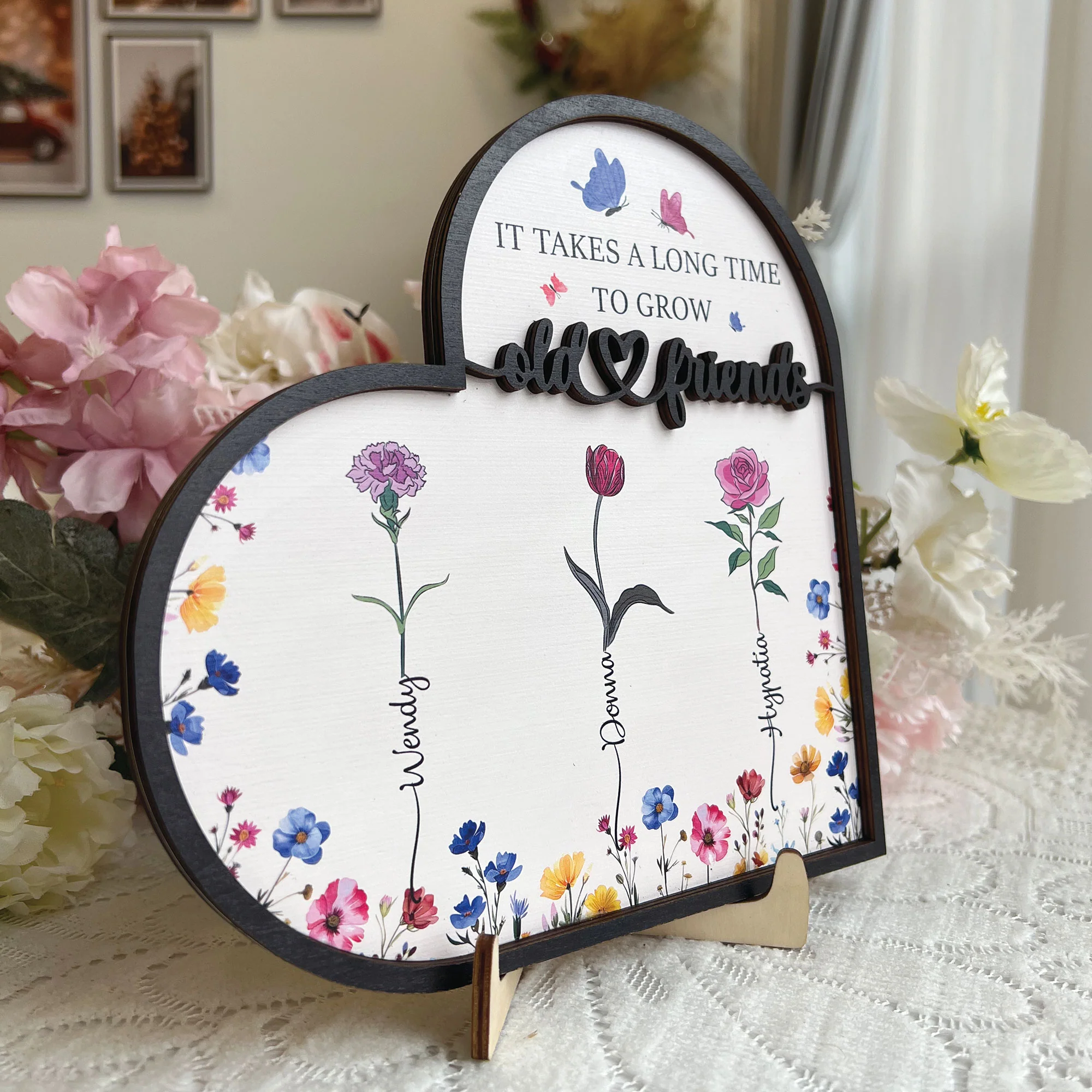 It Takes A Long Time To Grow Old Friends - Custom Birth Flowers - Personalized Wooden Plaque - Image 2