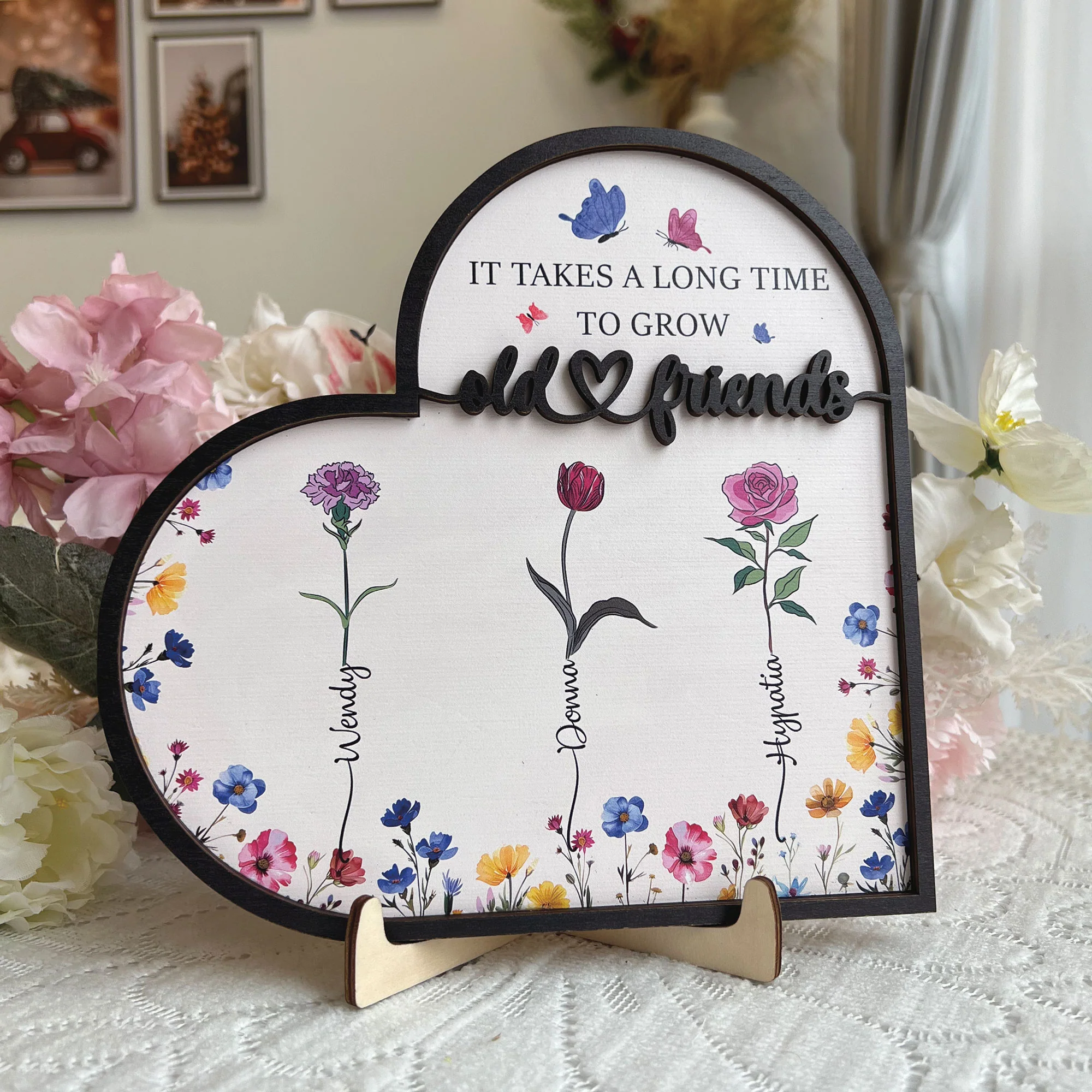 It Takes A Long Time To Grow Old Friends - Custom Birth Flowers - Personalized Wooden Plaque - Image 3