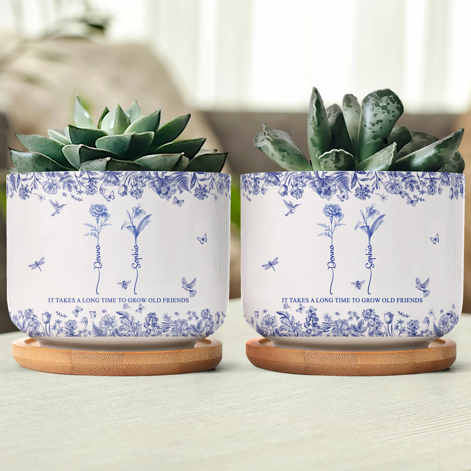 It Takes A Long Time To Grow Old Friends - Toile De Jouy Custom Birth Flower - Personalized Ceramic Plant Pot With Tray - Gift For Friend - Image 2