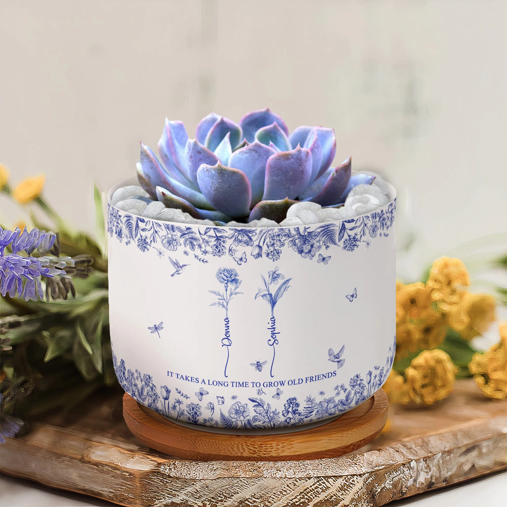 It Takes A Long Time To Grow Old Friends - Toile De Jouy Custom Birth Flower - Personalized Ceramic Plant Pot With Tray - Gift For Friend - Image 4