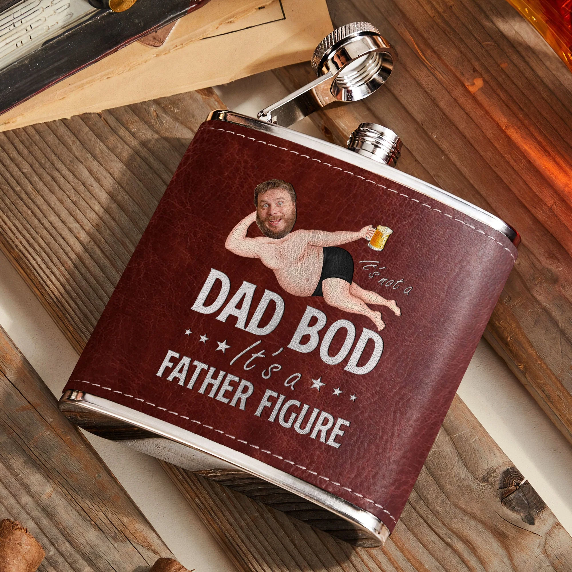 Its Not A Dad Bod It's A Father Figure Funny - Personalized Photo Leather Flask - Image 2