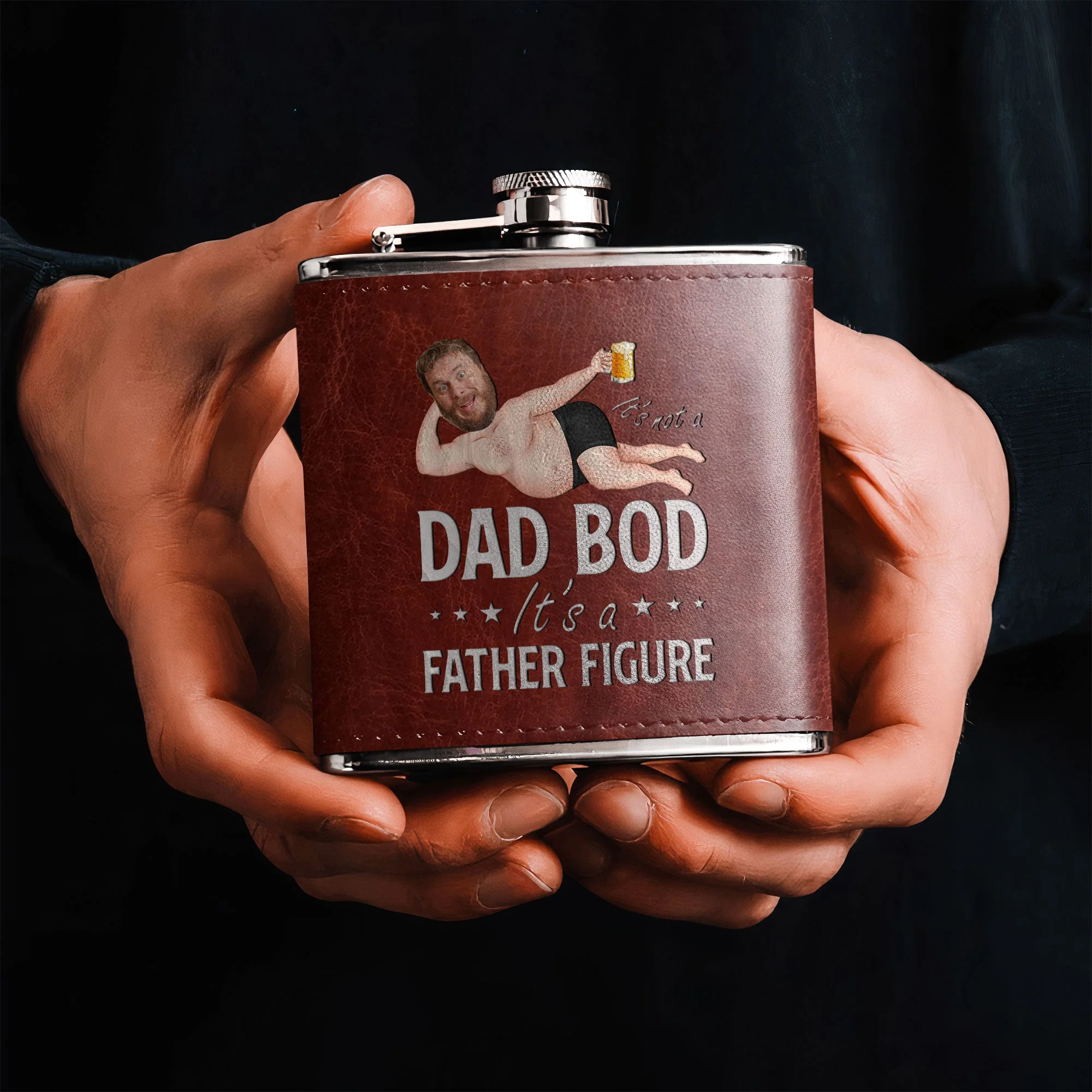 Its Not A Dad Bod It's A Father Figure Funny - Personalized Photo Leather Flask - Image 3