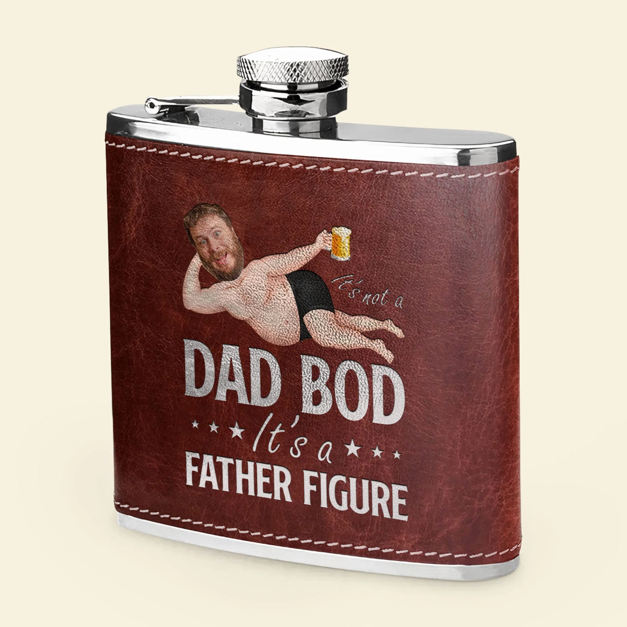 Its Not A Dad Bod It's A Father Figure Funny - Personalized Photo Leather Flask - Image 4