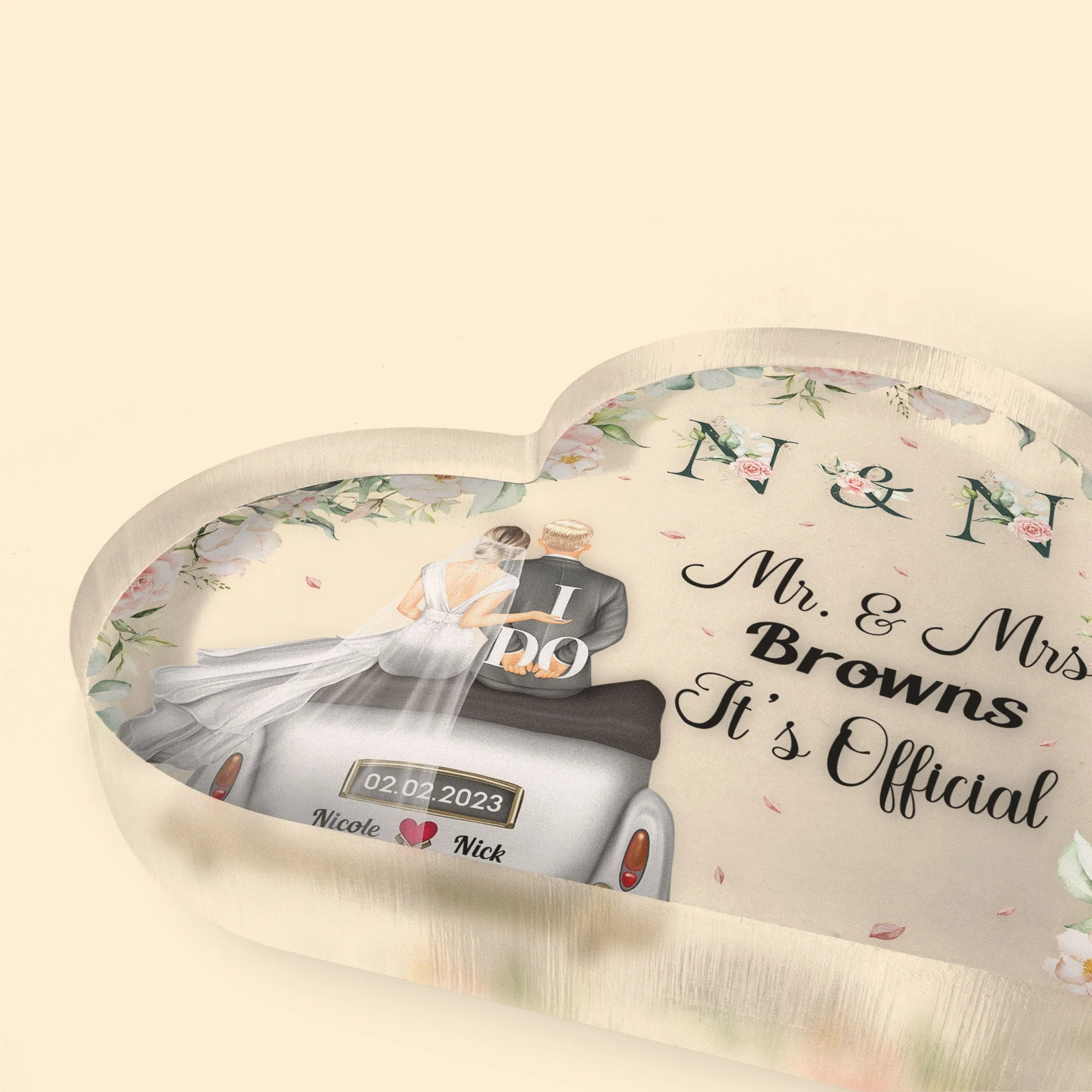 It's Official Mr. & Mrs. - Personalized Heart Shaped Acrylic Plaque - Image 3