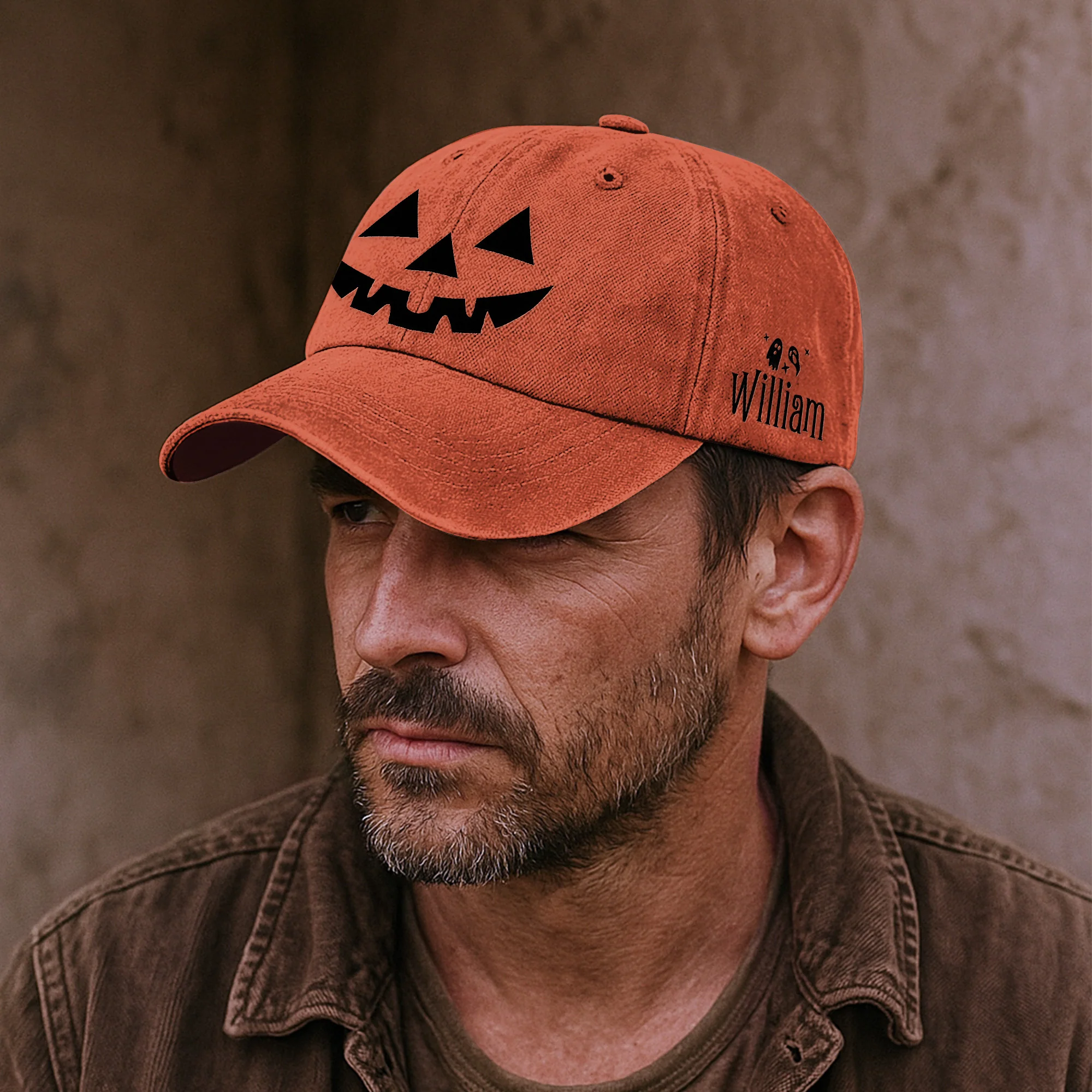 Jack-O'-Lantern Pumpkin Scary Halloween - Personalized Distressed Denim Cap - Image 4