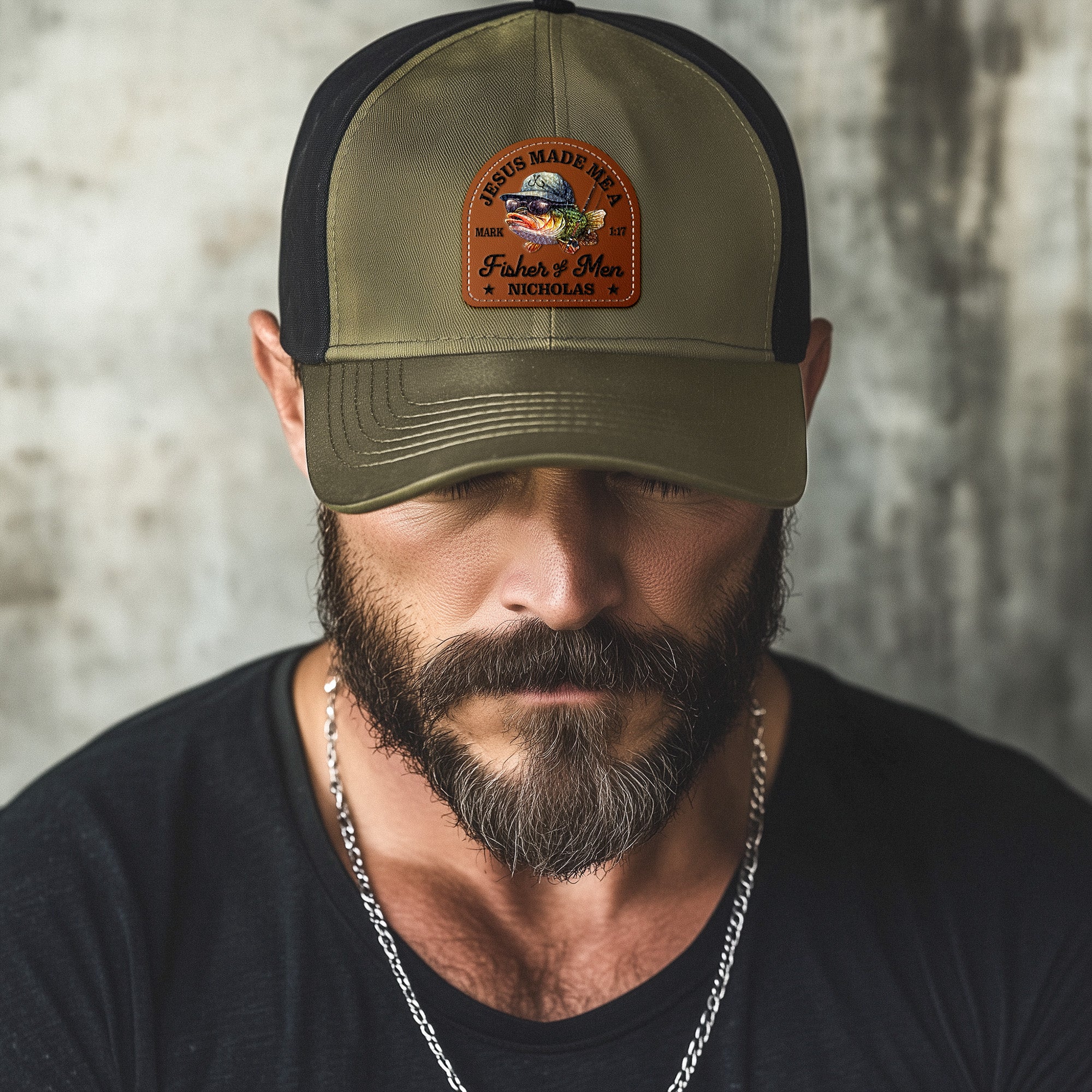 Jesus Made Me A Fisher Of Men - Personalized Leather Patch Hat - Image 4