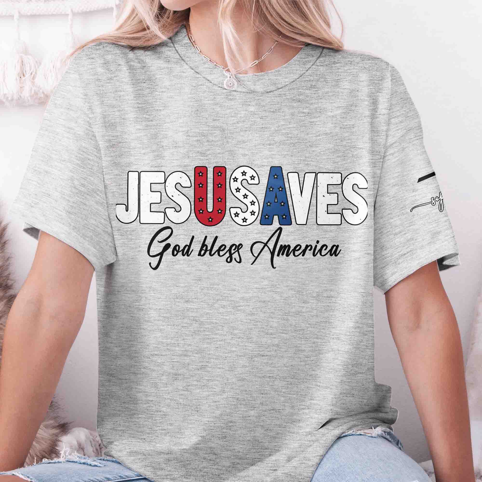 Jesus Saves USA Patriotic Faith Red White Blue - Personalized Shirt - Image 3