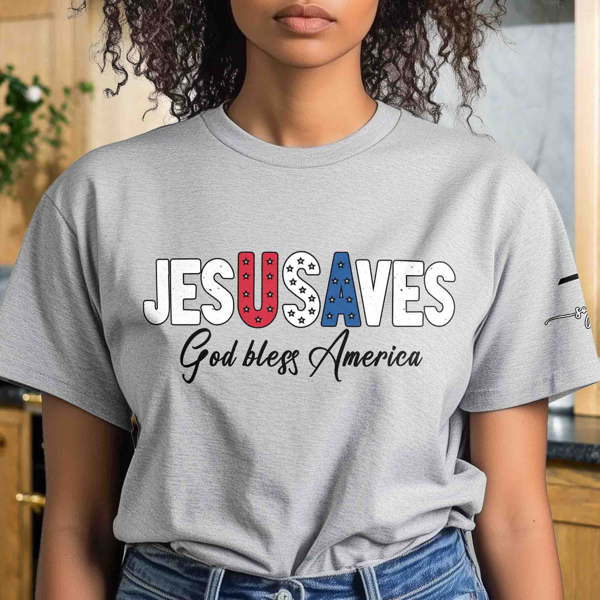 Jesus Saves USA Patriotic Faith Red White Blue - Personalized Shirt - Image 4