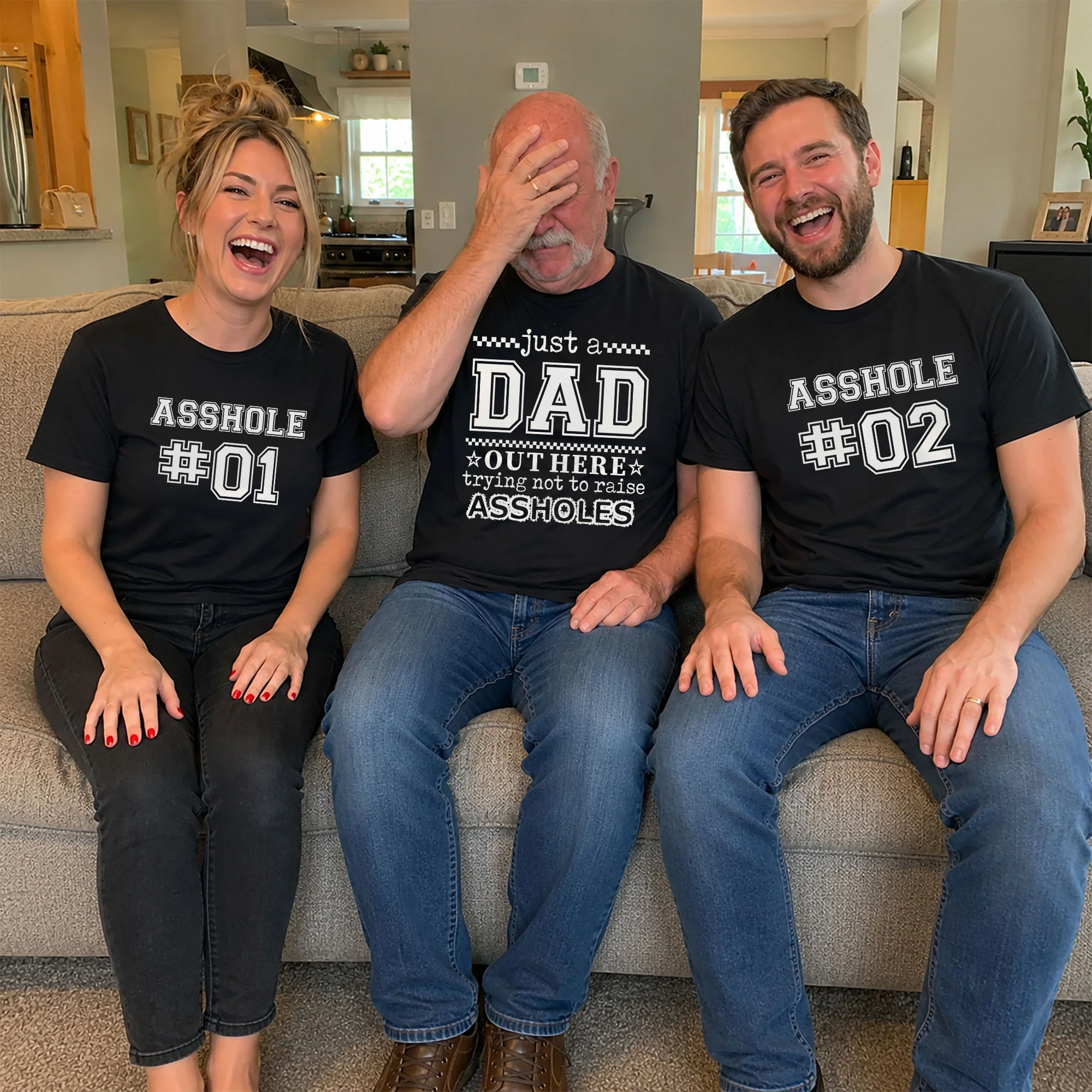 Just A Dad, Mom Trying Not To Raise Assholes - Funny Gifts Family - Personalized Shirt - Image 2