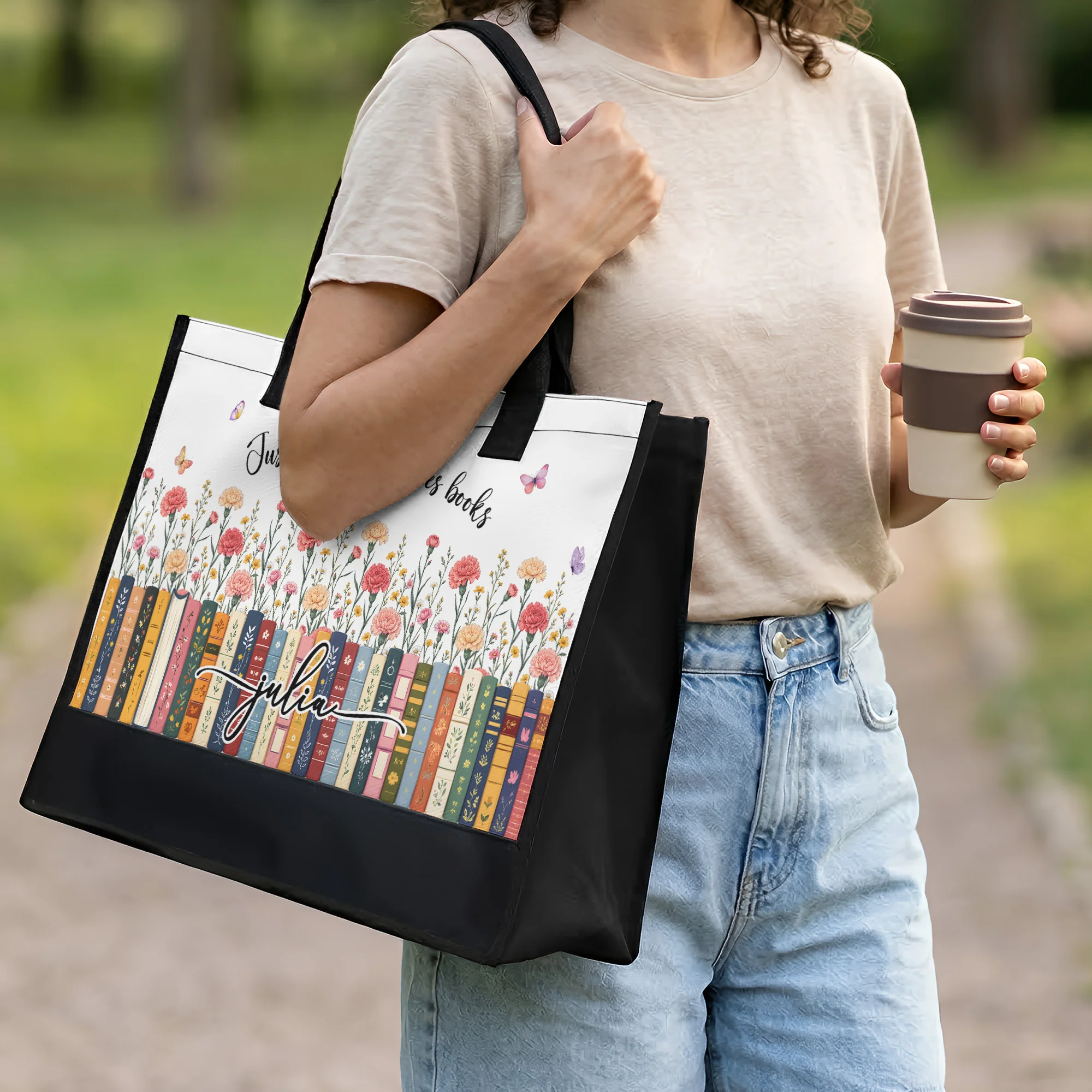 Just A Girl Who Loves Books - Custom Name, Quote & Birth Flower - Personalized Tote Bag - Image 4