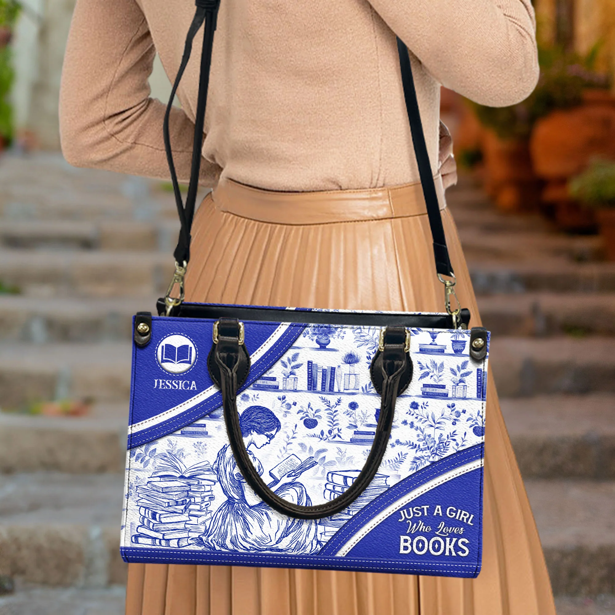 Just A Girl Who Loves Books Toile De Jouy - Personalized Leather Bag - Image 3