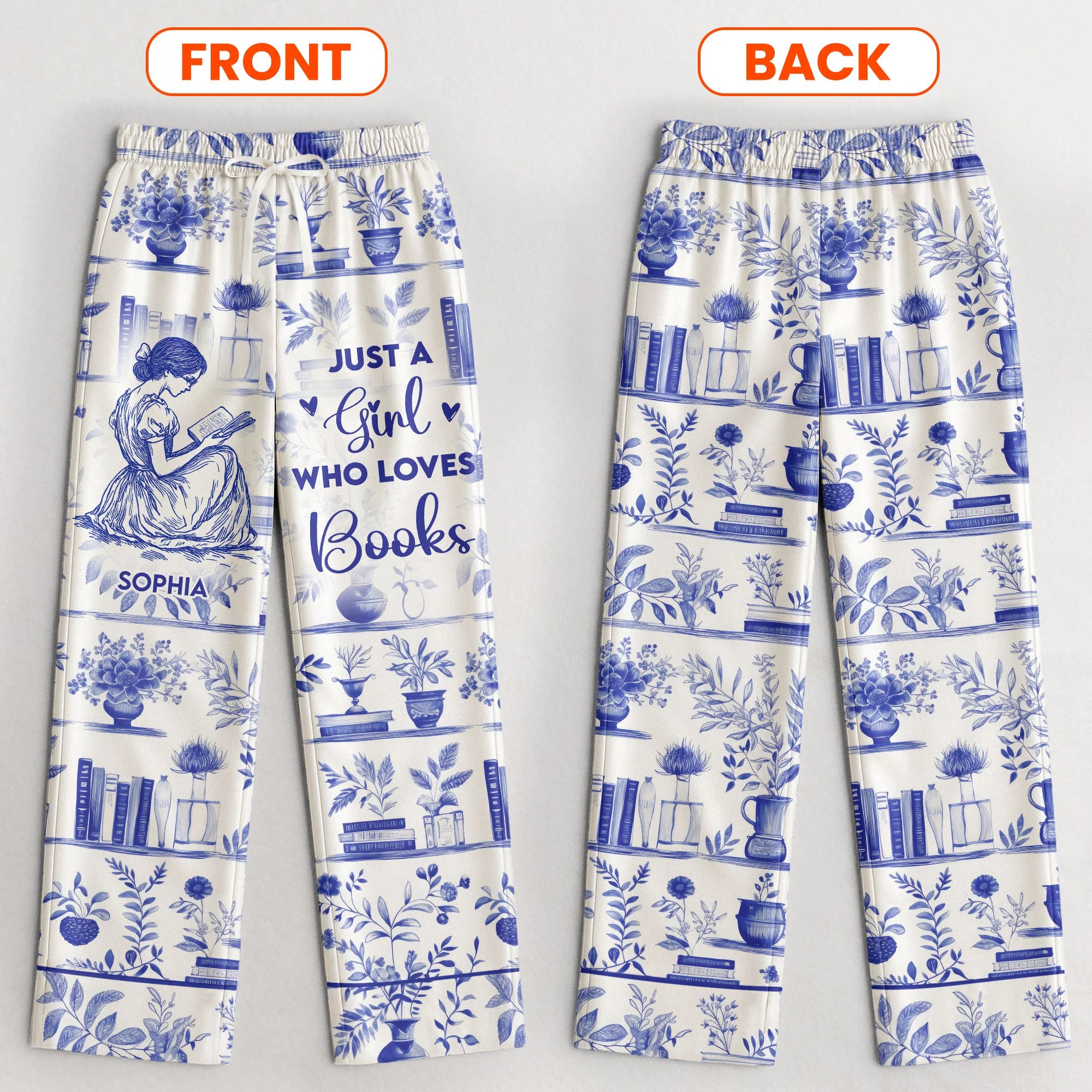 Just A Girl Who Loves Books Toile De Jouy - Personalized Satin Pajama Pants - Image 2