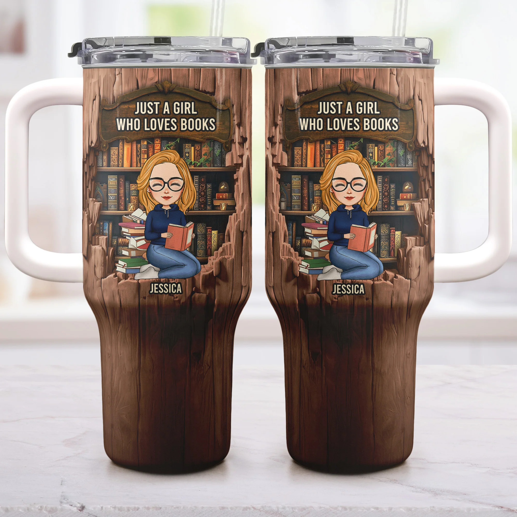Just A Girl Who Loves Books-Wood Effect - Personalized 40oz Tumbler With Straw - Image 3