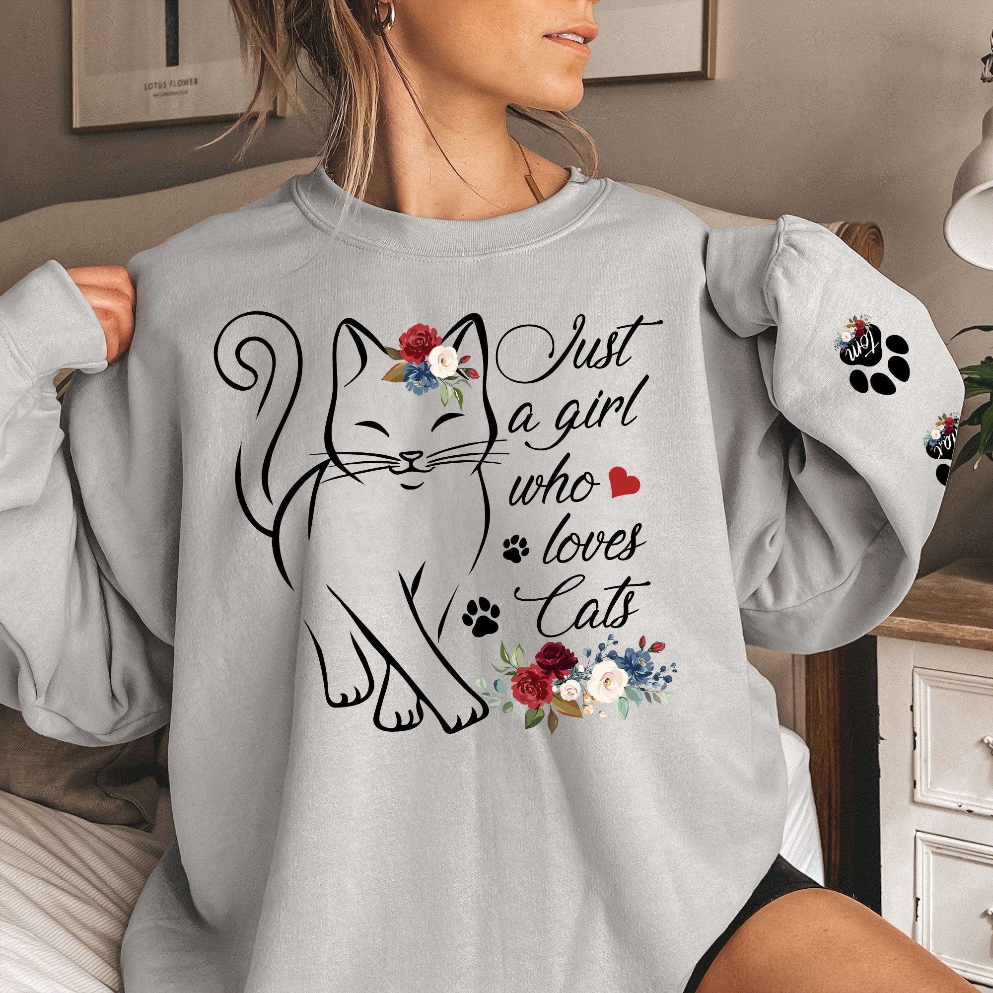 Just A Girl Who Loves Cats Custom Pawprints On Sleeve - Personalized Sweatshirt - Image 2