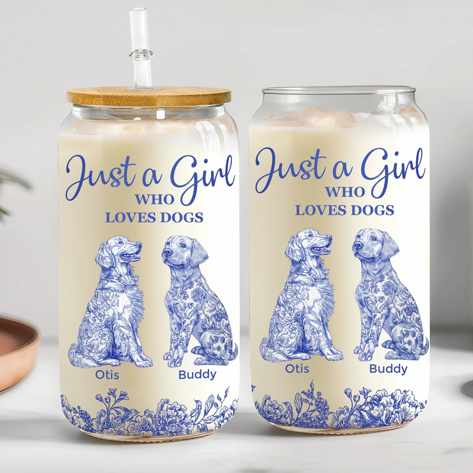 Just A Girl Who Loves Dogs Toile De Jouy Chinoiserie - Personalized Clear Glass Cup - Image 2