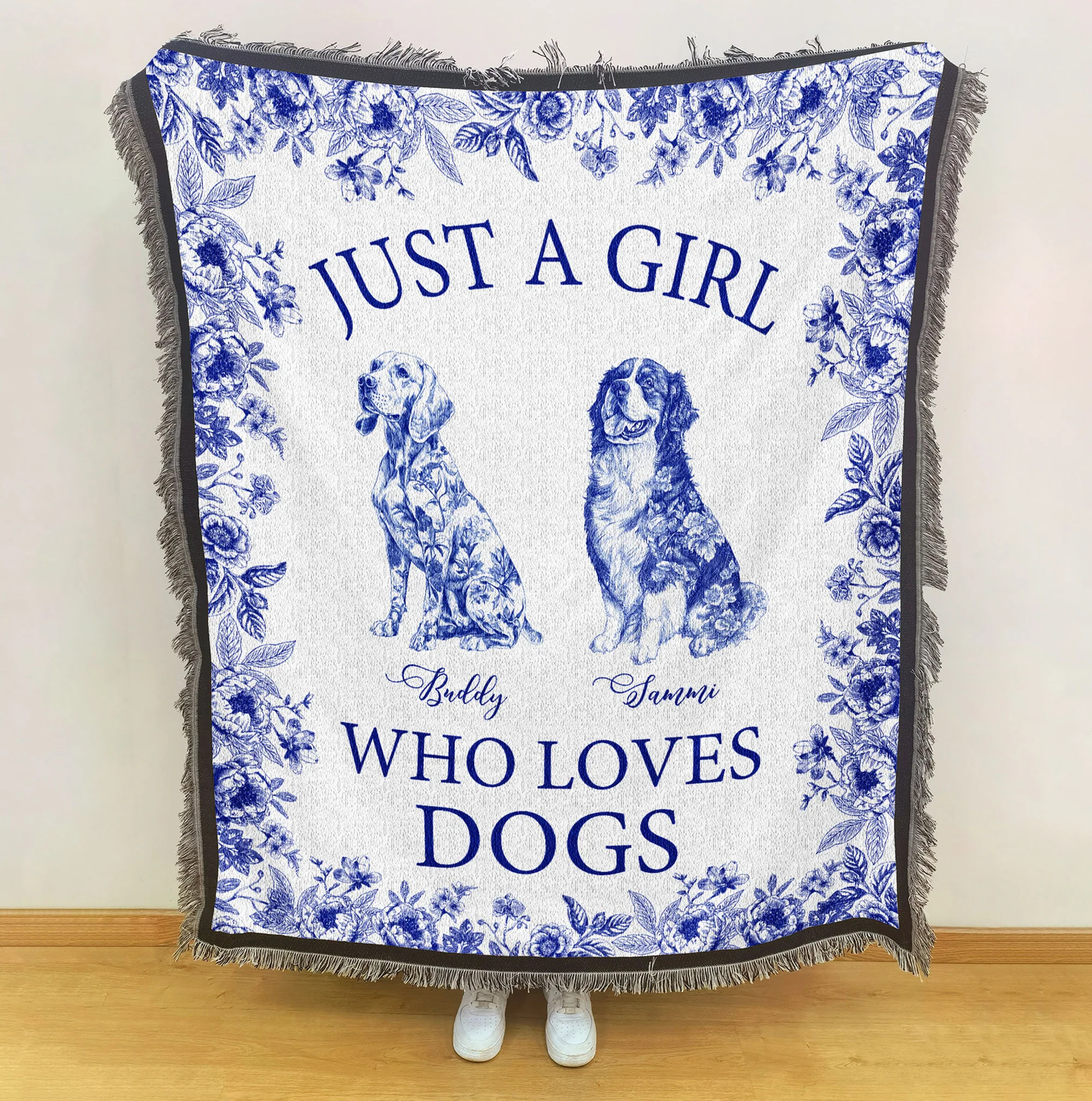 Just A Girl Who Loves Dogs Toile De Jouy Chinoiserie - Personalized Woven Blanket