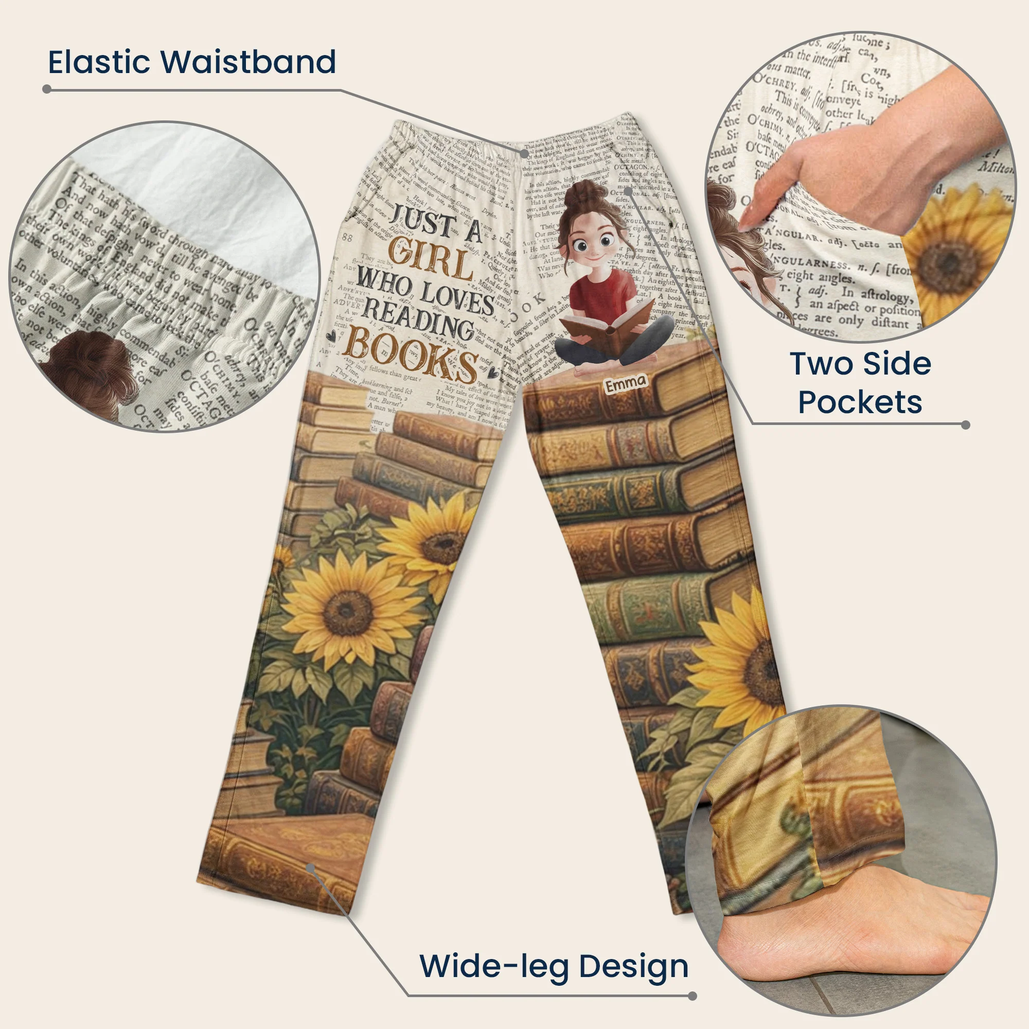 Just A Girl Who Loves Reading Books Sunflowers - For Book Lovers Club - Personalized Lounge Pants - Image 4