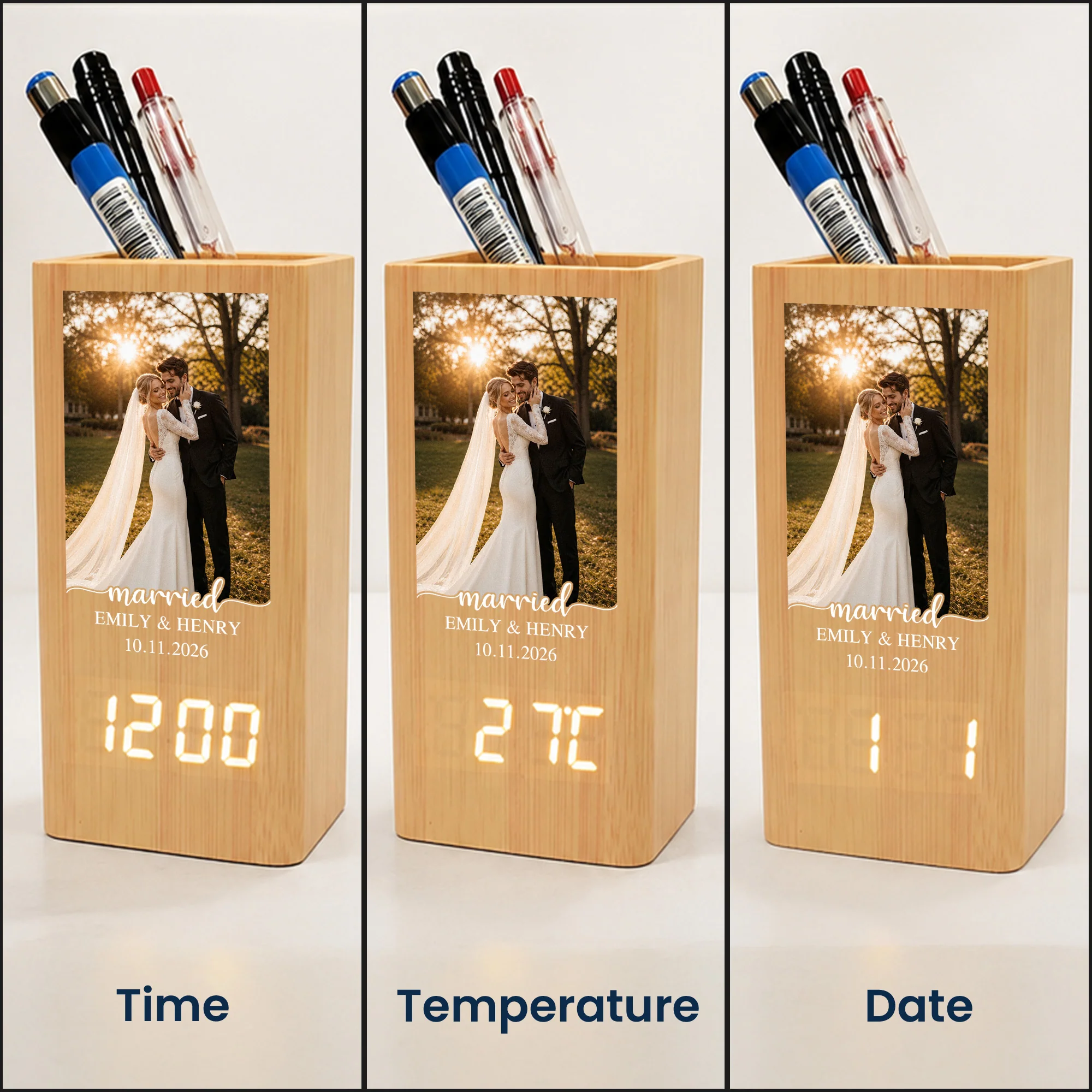 Just Married - Wedding Couple Gifts With Photo & Special Date - Personalized Pen Holder With Clock - Image 5