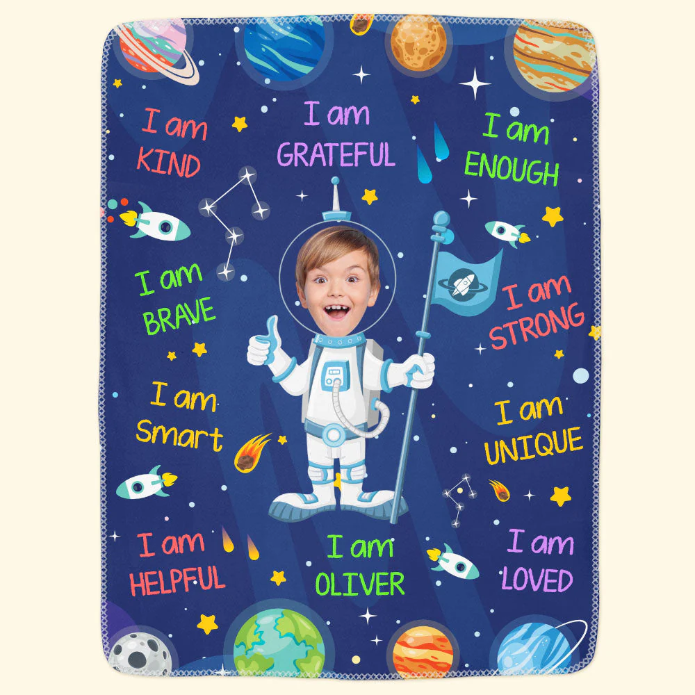 Kid Affirmations I Am Kind Smart Loved Astronaut - Personalized Kid Photo Blanket - Image 4