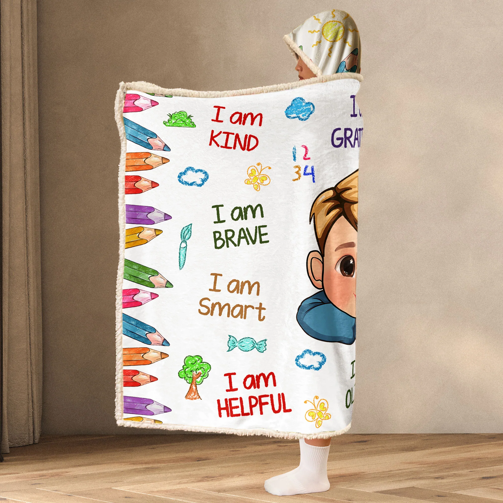 Kid Affirmations I Am Kind Smart Loved - Personalized Photo Wearable Blanket Hoodie - Image 4
