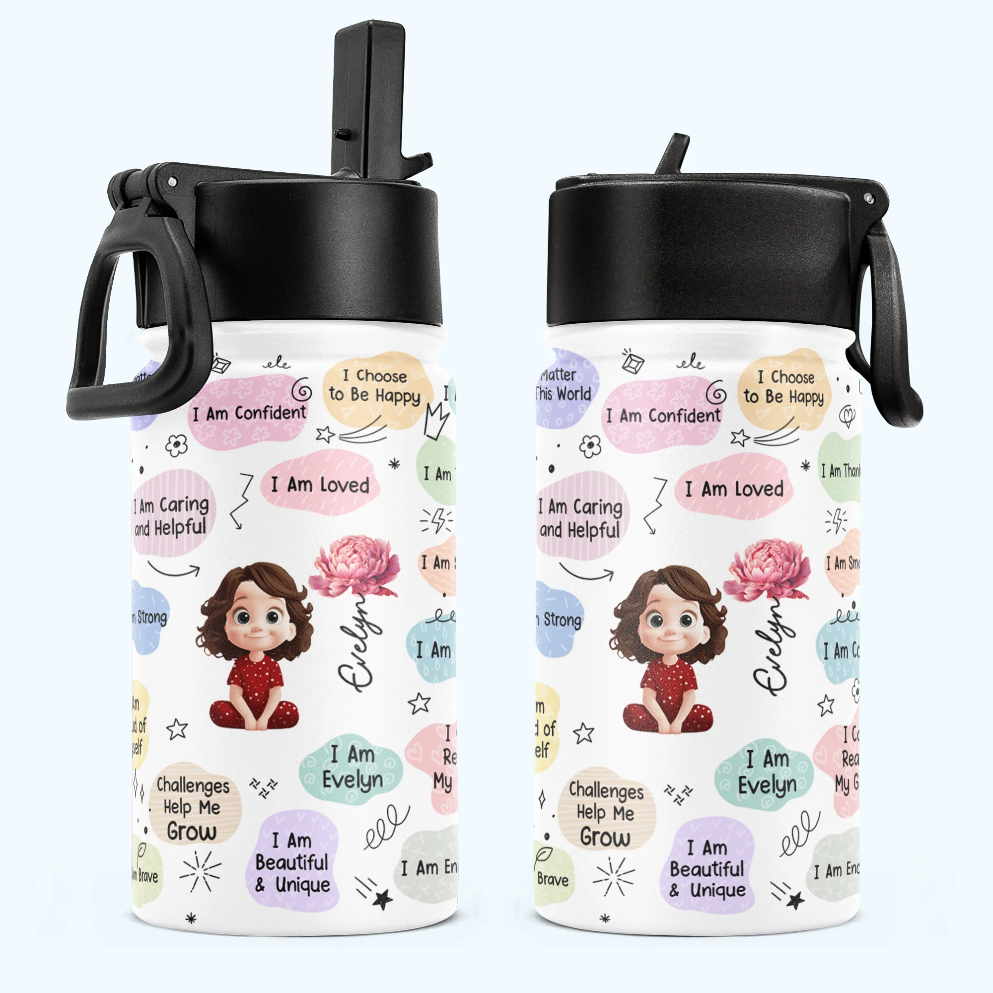 Kid Birth Flower Affirmation - Personalized Kids Water Bottle With Straw Lid - Image 2
