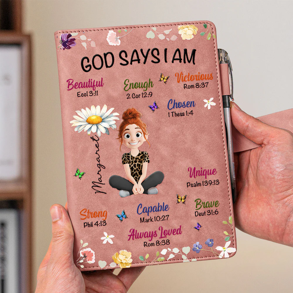 Kid Birth Flower God Says I Am - Personalized Leather Prayer Journal - Image 3