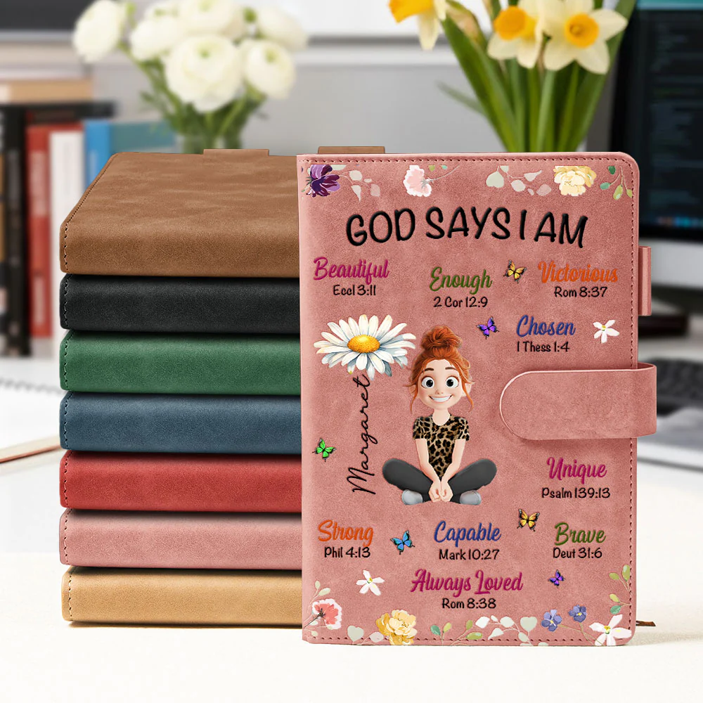 Kid Birth Flower God Says I Am - Personalized Leather Prayer Journal - Image 4