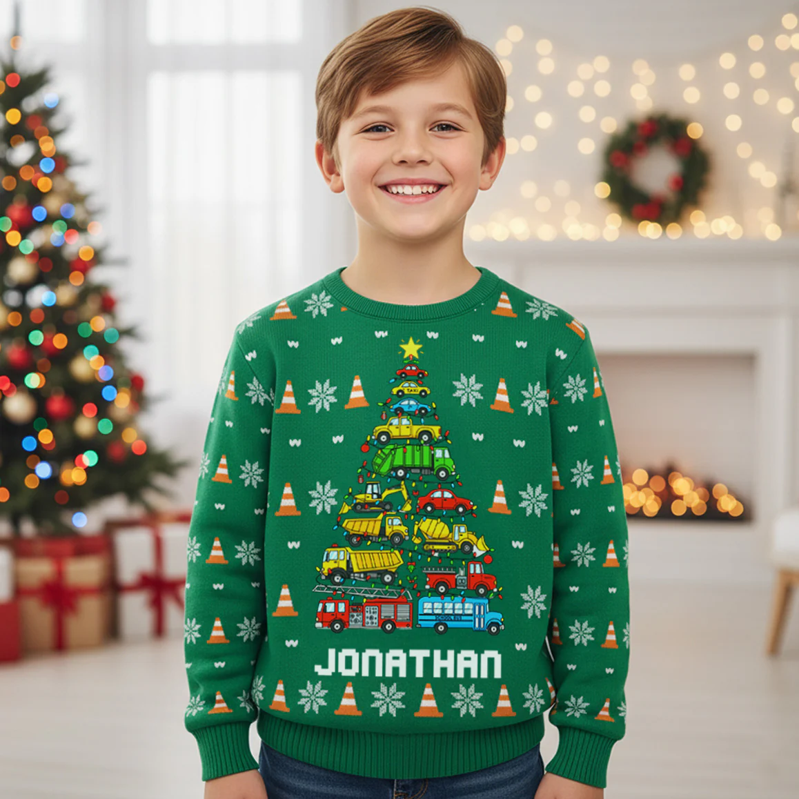 Kid Christmas Tree Construction And Dinosaur - Personalized Ugly Sweater - Image 2