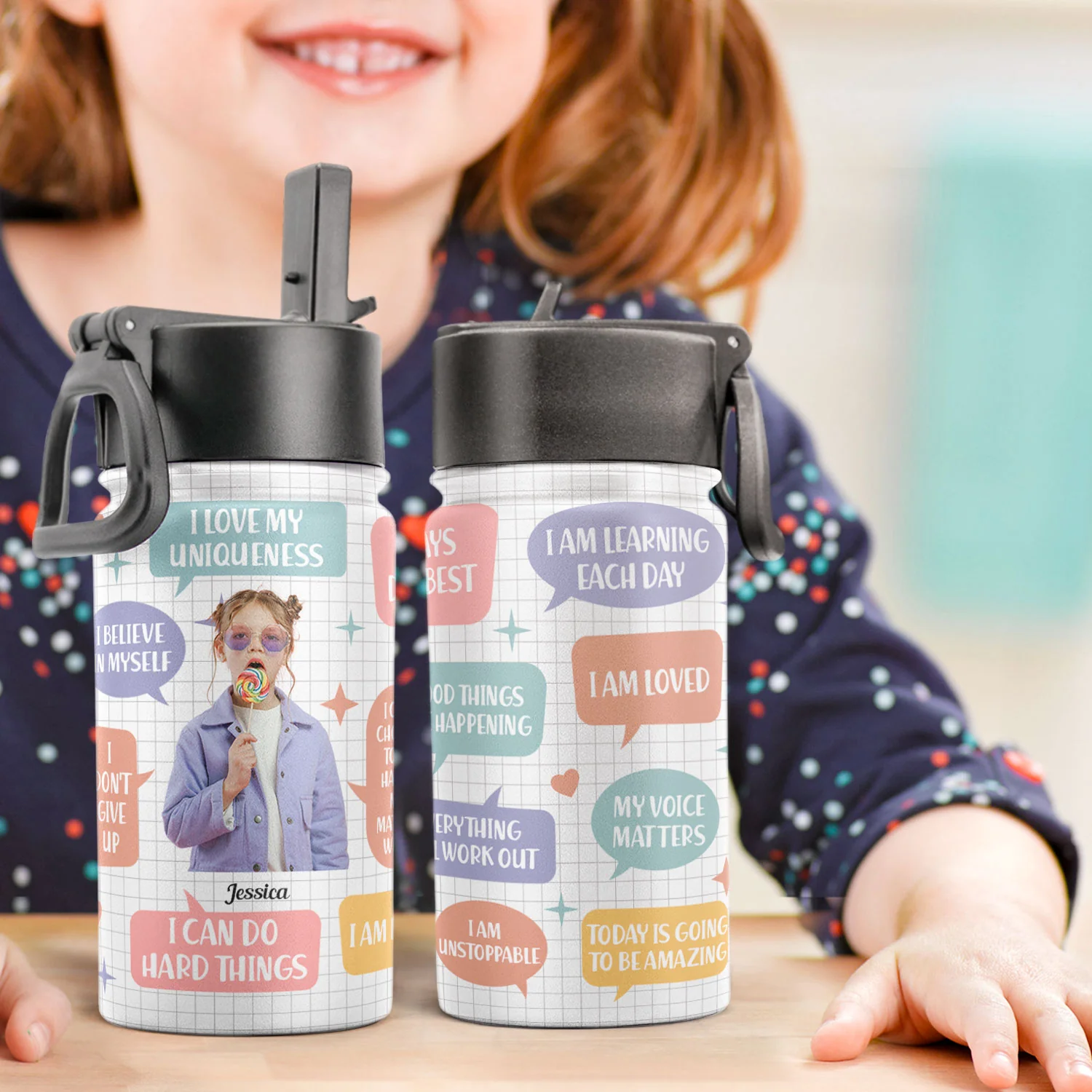 Kid Daily Affirmations - Personalized Photo Kids Water Bottle With Straw Lid - Image 2
