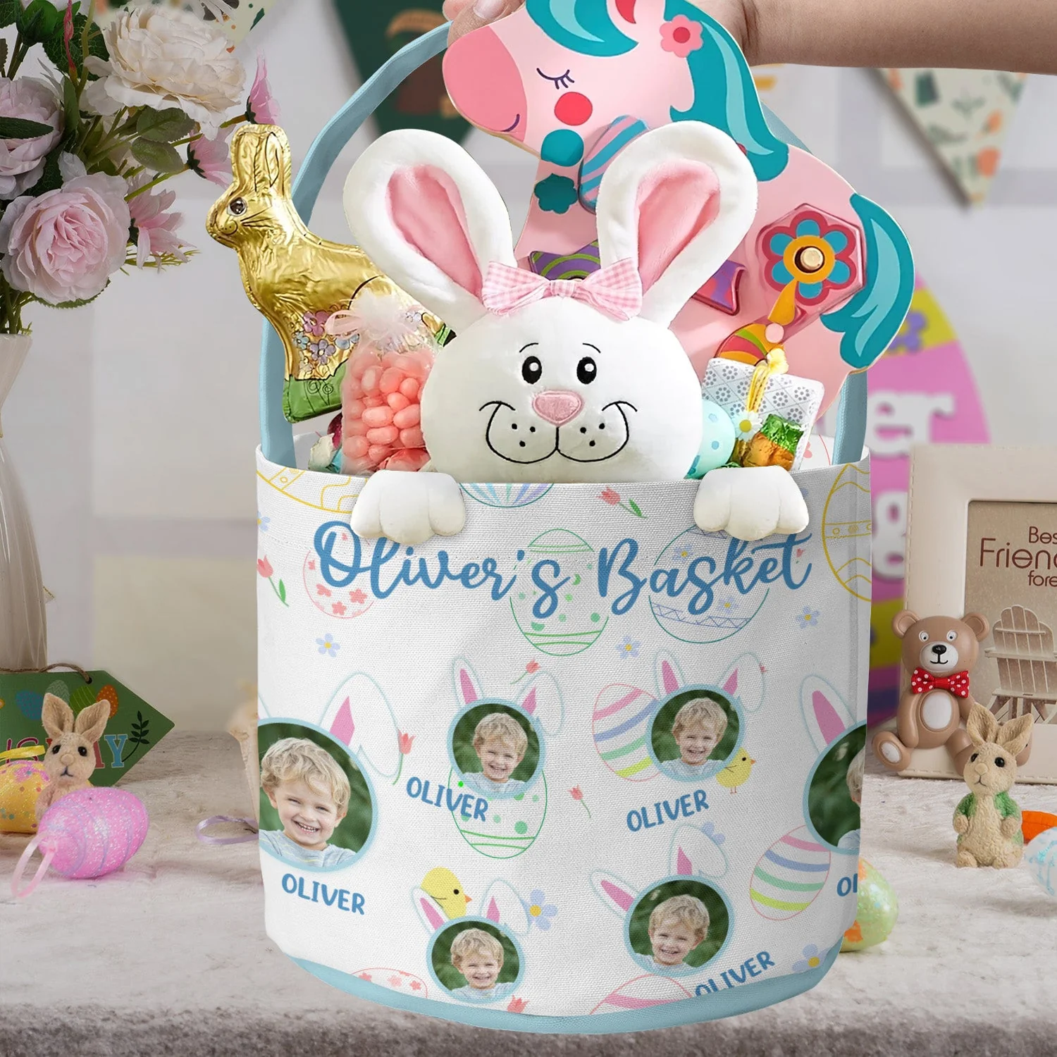 Kid Happy Easter With Bunny Ears - Personalized Photo Easter Basket - Image 4