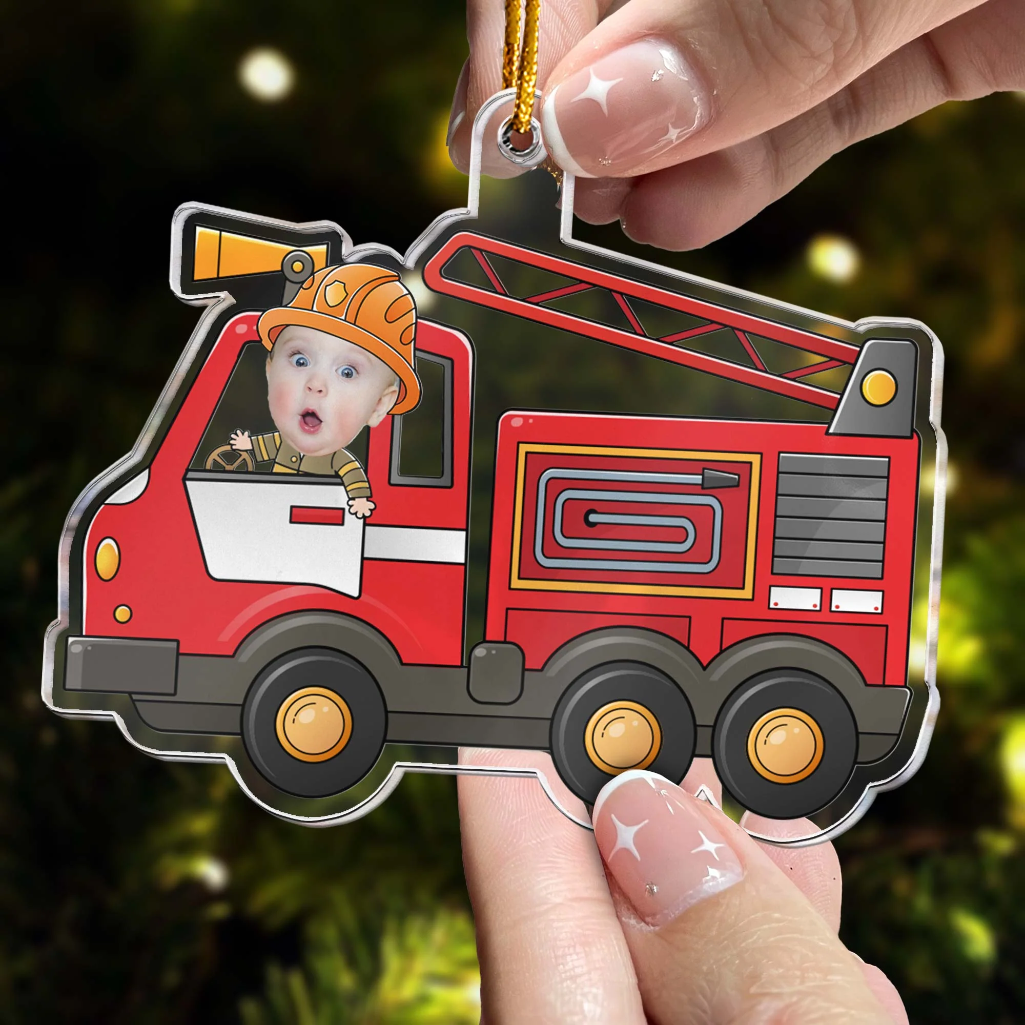 Kid Riding Fire Truck - Personalized Acrylic Photo Ornament - Image 2