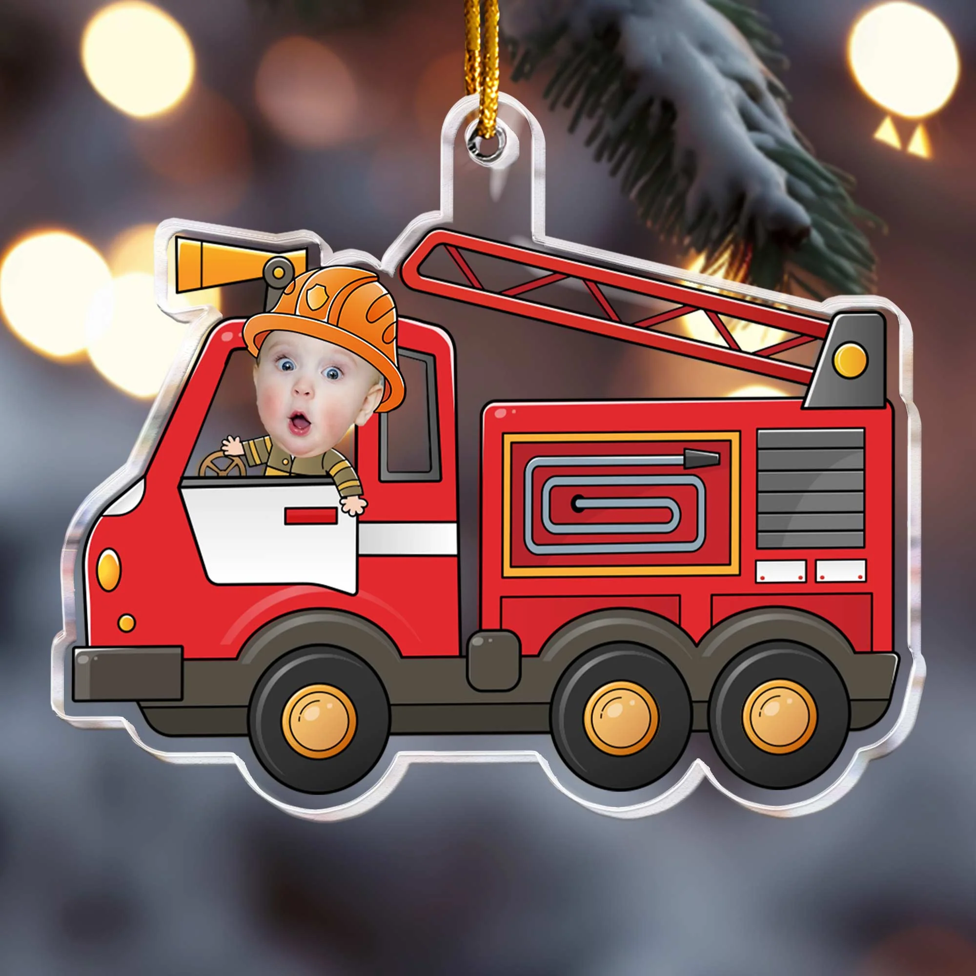 Kid Riding Fire Truck - Personalized Acrylic Photo Ornament - Image 4
