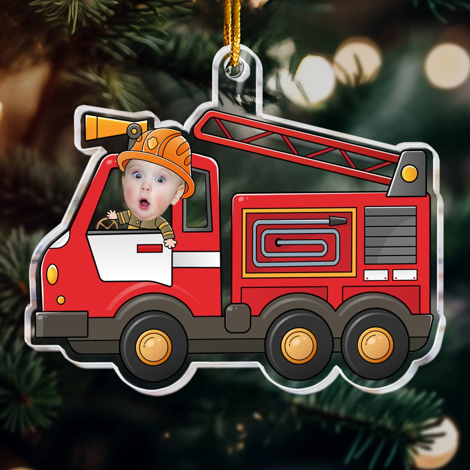 Kid Riding Fire Truck - Personalized Acrylic Photo Ornament - Image 5