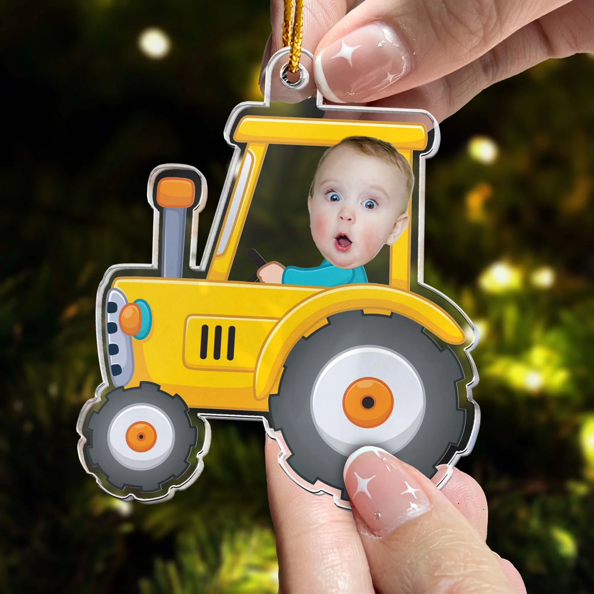 Kid Riding Tractor - Personalized Acrylic Photo Ornament - Image 2