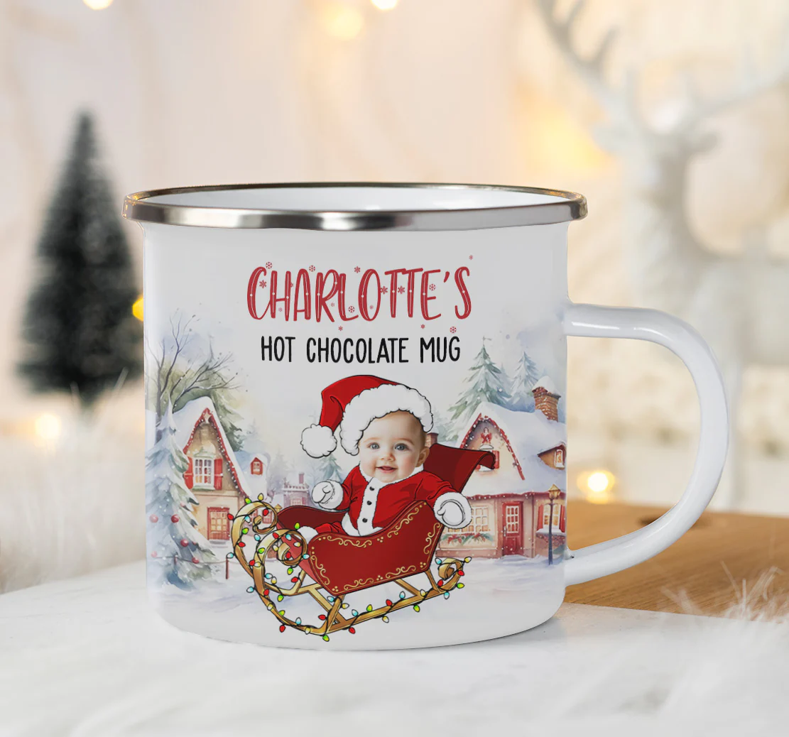 Kid's Hot Chocolate Mug With Christmas Sleigh - Personalized Photo Enamel Mug - Image 4