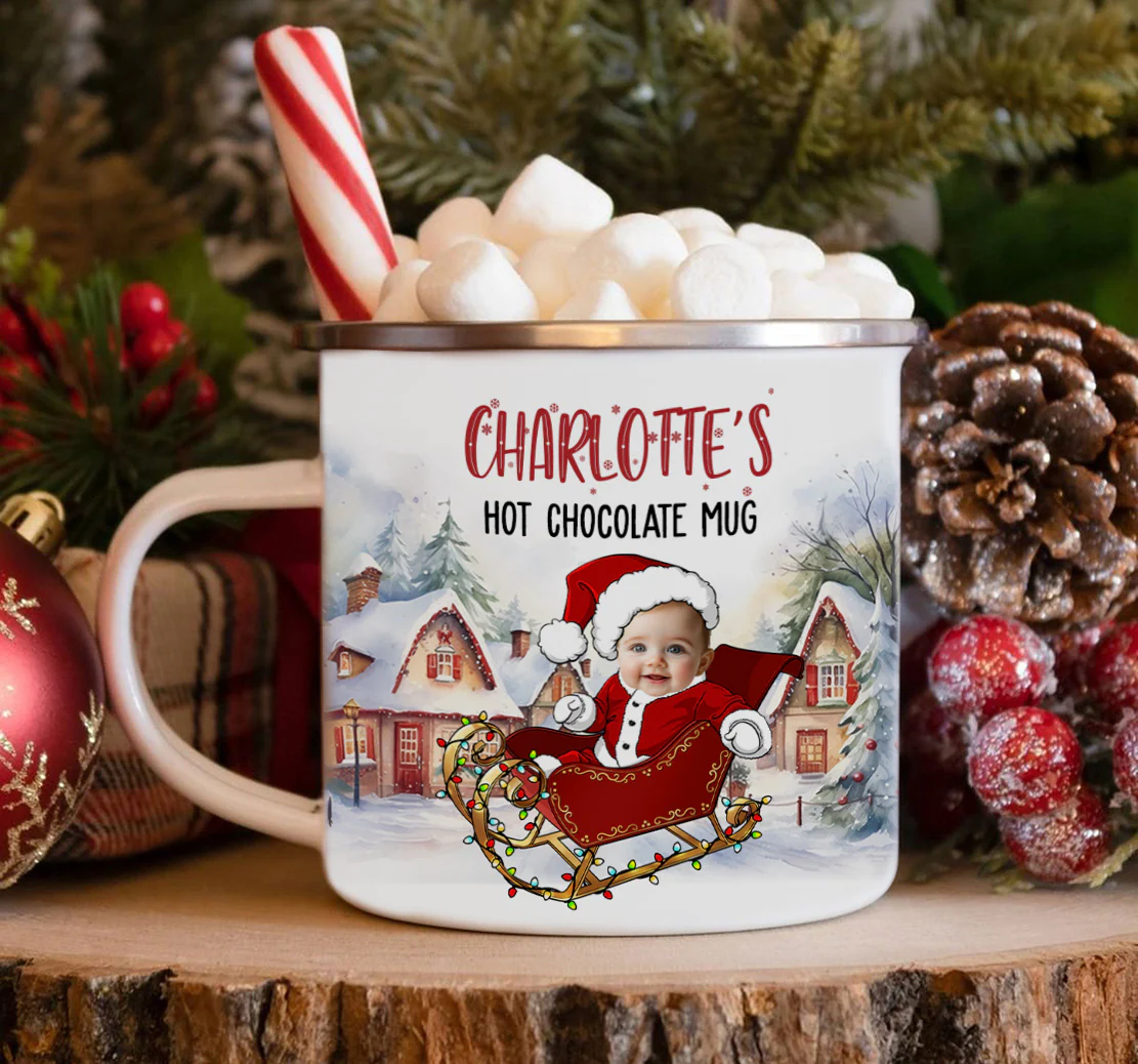 Kid's Hot Chocolate Mug With Christmas Sleigh - Personalized Photo Enamel Mug - Image 5