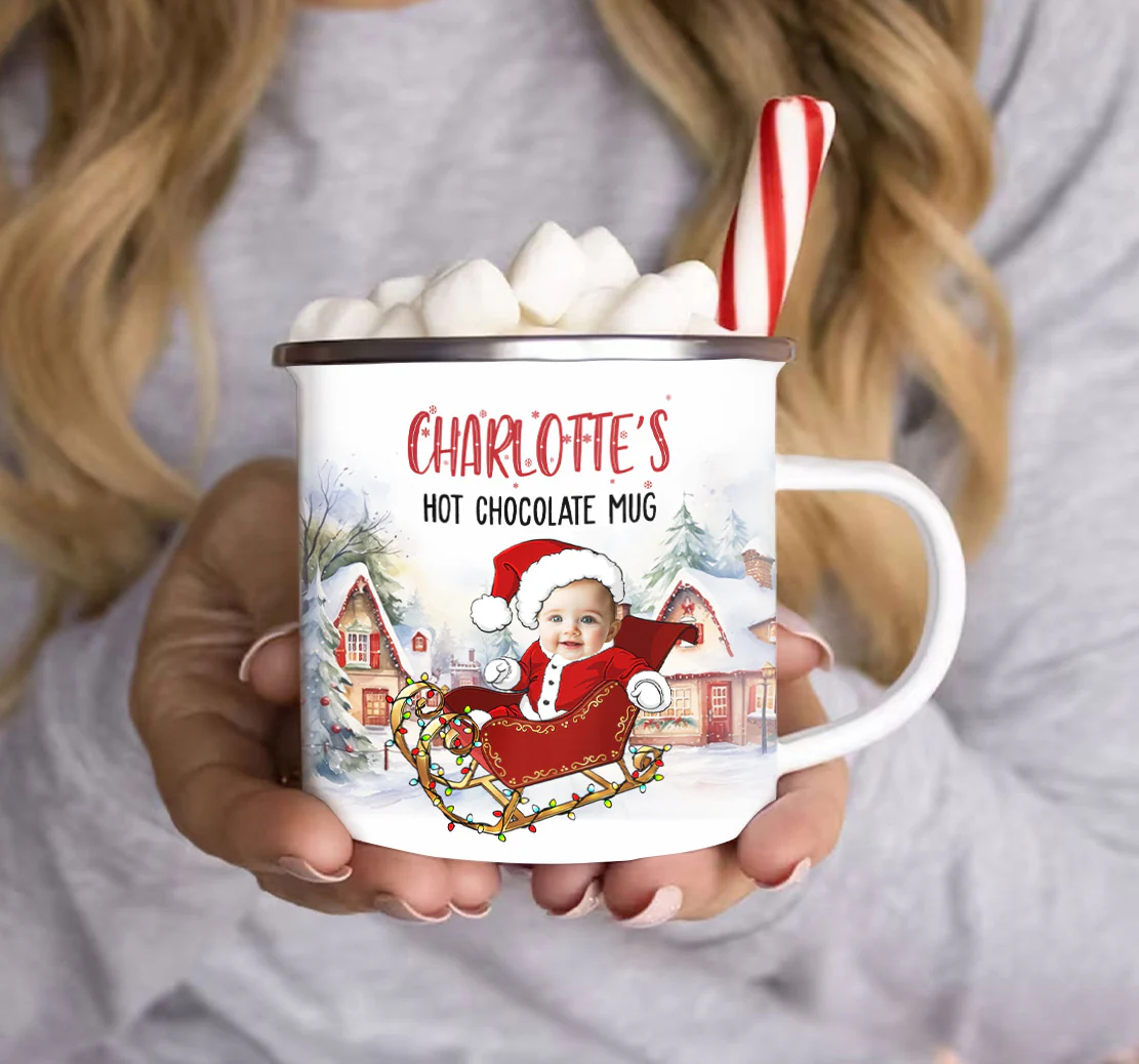 Kid's Hot Chocolate Mug With Christmas Sleigh - Personalized Photo Enamel Mug - Image 6
