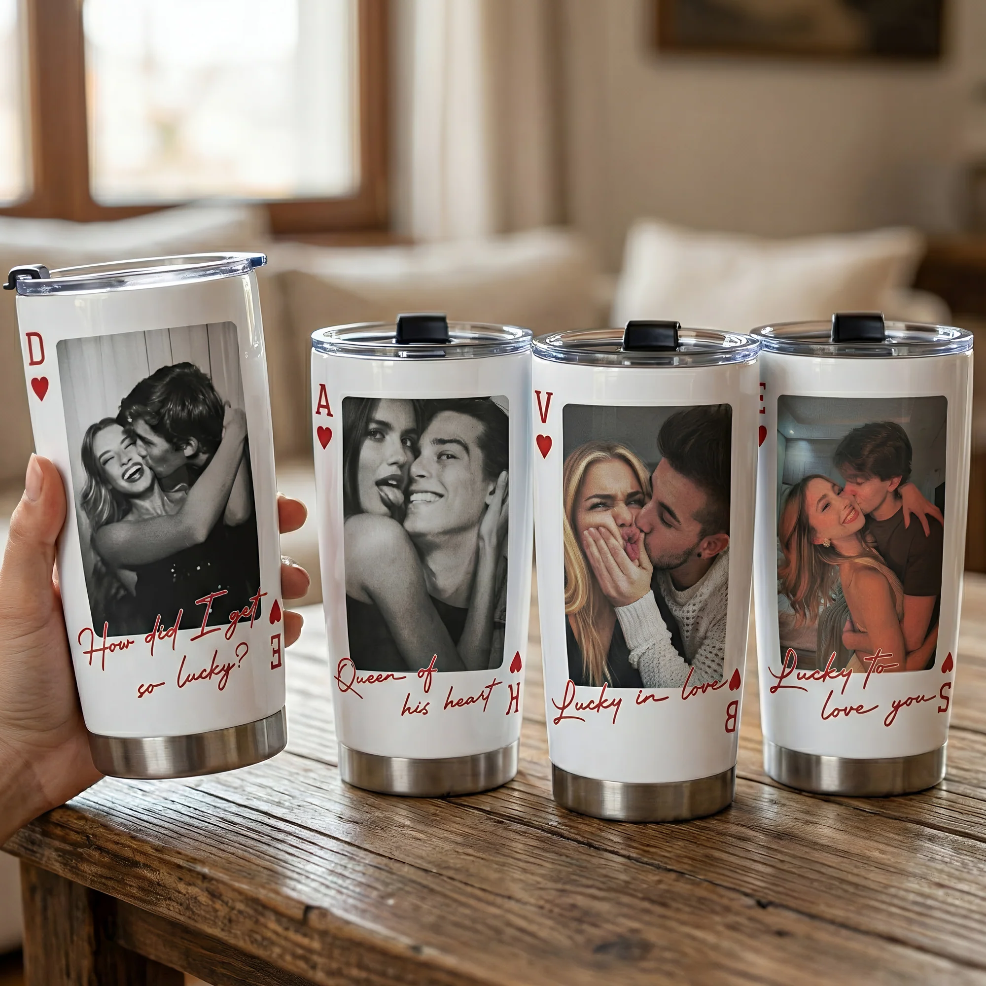 King & Queen Of Heart Custom Couples Photo Lucky Us - Personalized Photo Tumbler Cup - Image 2