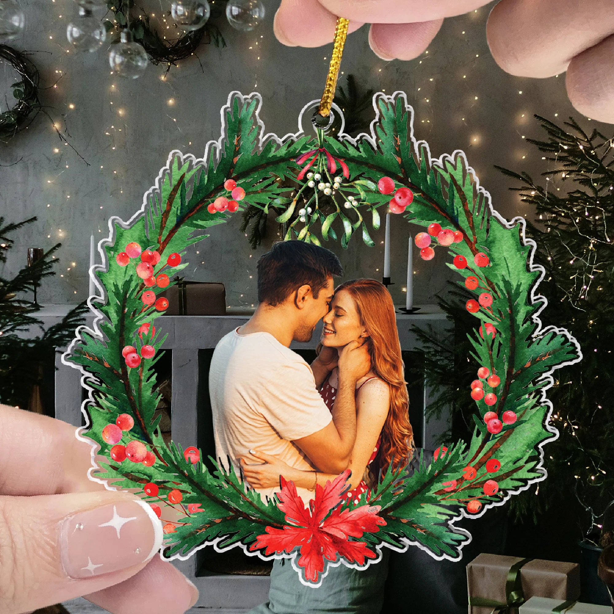 Kiss Me Under The Mistletoe - Personalized Acrylic Photo Ornament - Image 2