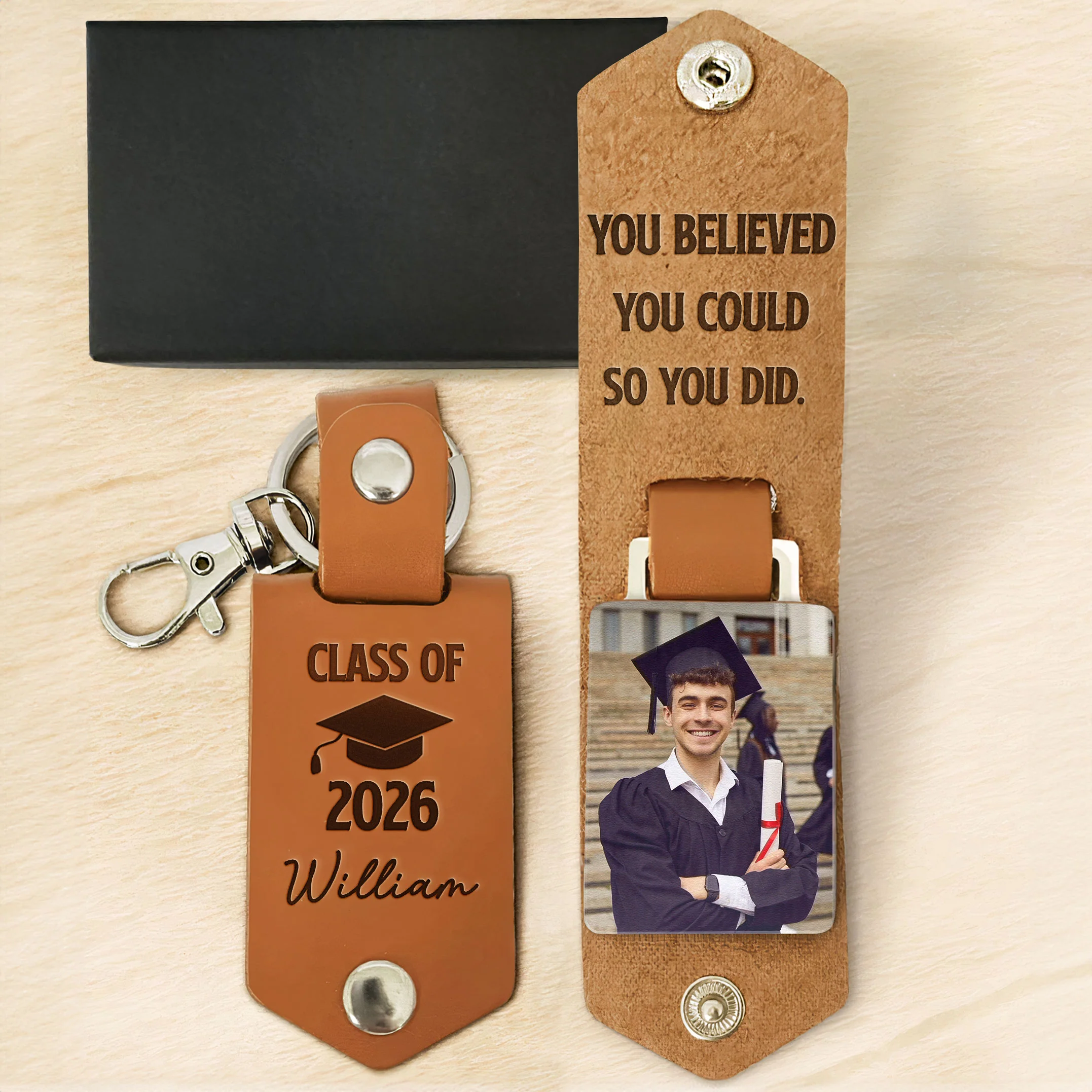Let The Journey Begin Graduation Gift - Personalized Leather Photo Keychain - Image 5