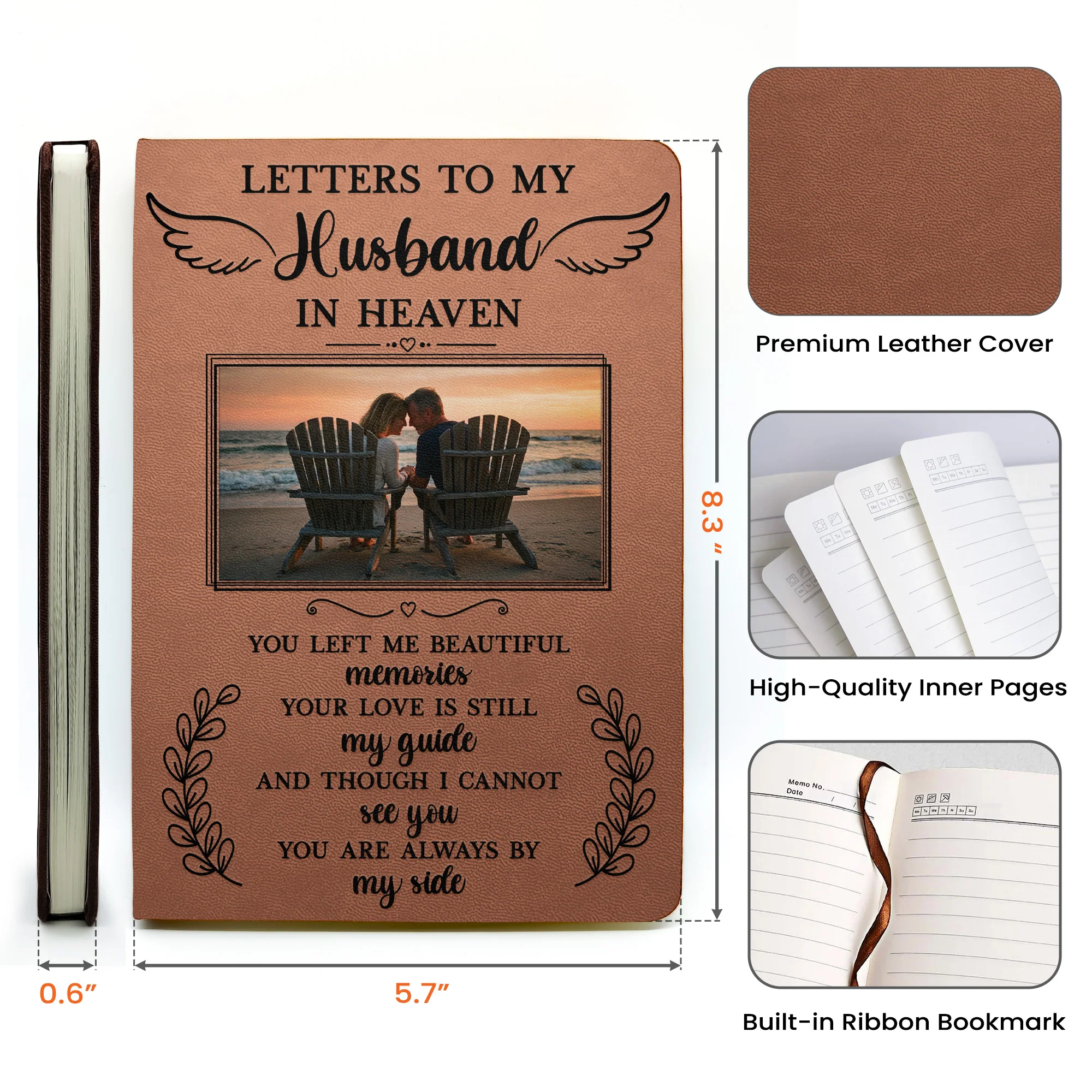 Letters To My Husband In Heaven Memorial Sympathy Gift - Personalized Leather Photo Journal - Image 7