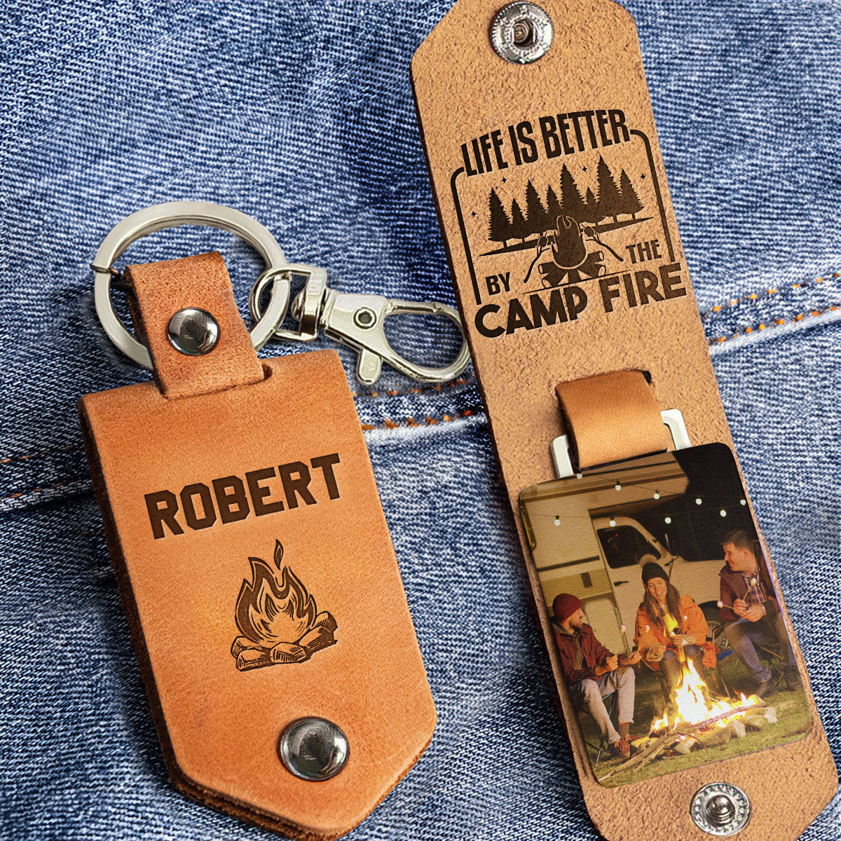 Life Is Better By The Camp Fire - Personalized Leather Photo Keychain - Image 2