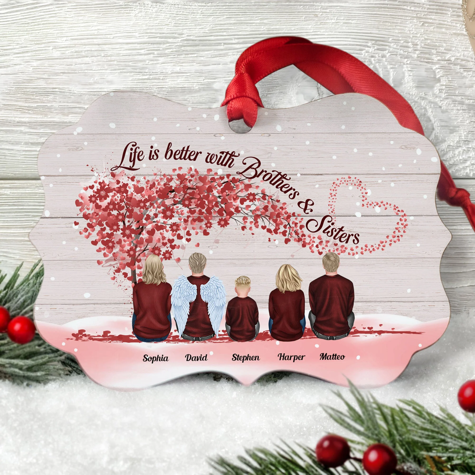 Life Is Better With Brothers & Sisters - Sitting Family - Red Tree - Personalized Aluminum Ornament - Christmas, New Year Gift For Family, Sisters, Brothers, Siblings - Image 2
